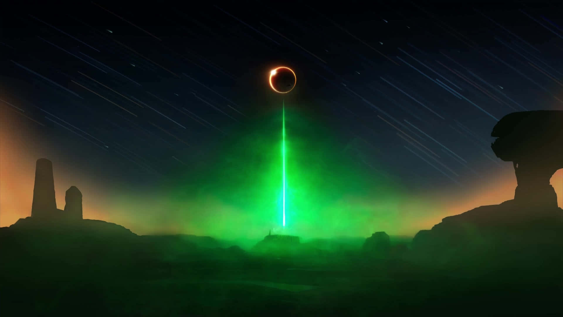 Jedha, desert landscape, glowing green beam, Full HD Desktop Wallpaper