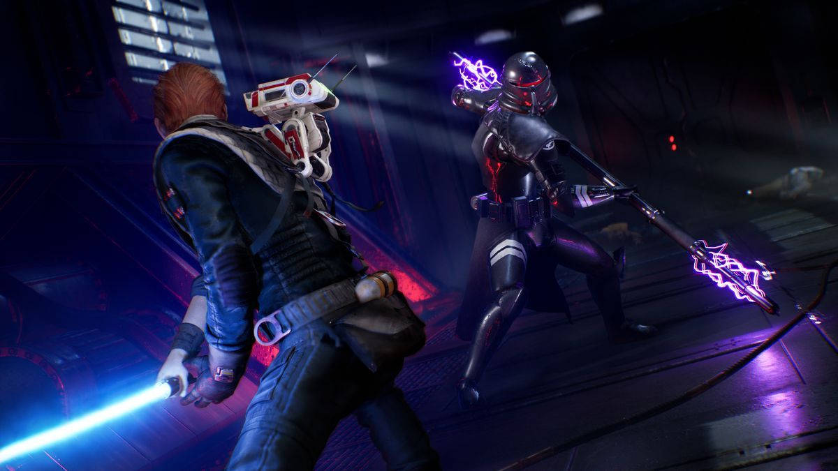 Jedi: Fallen Order, blue lightsaber, purple energy weapon, SD Desktop Wallpaper