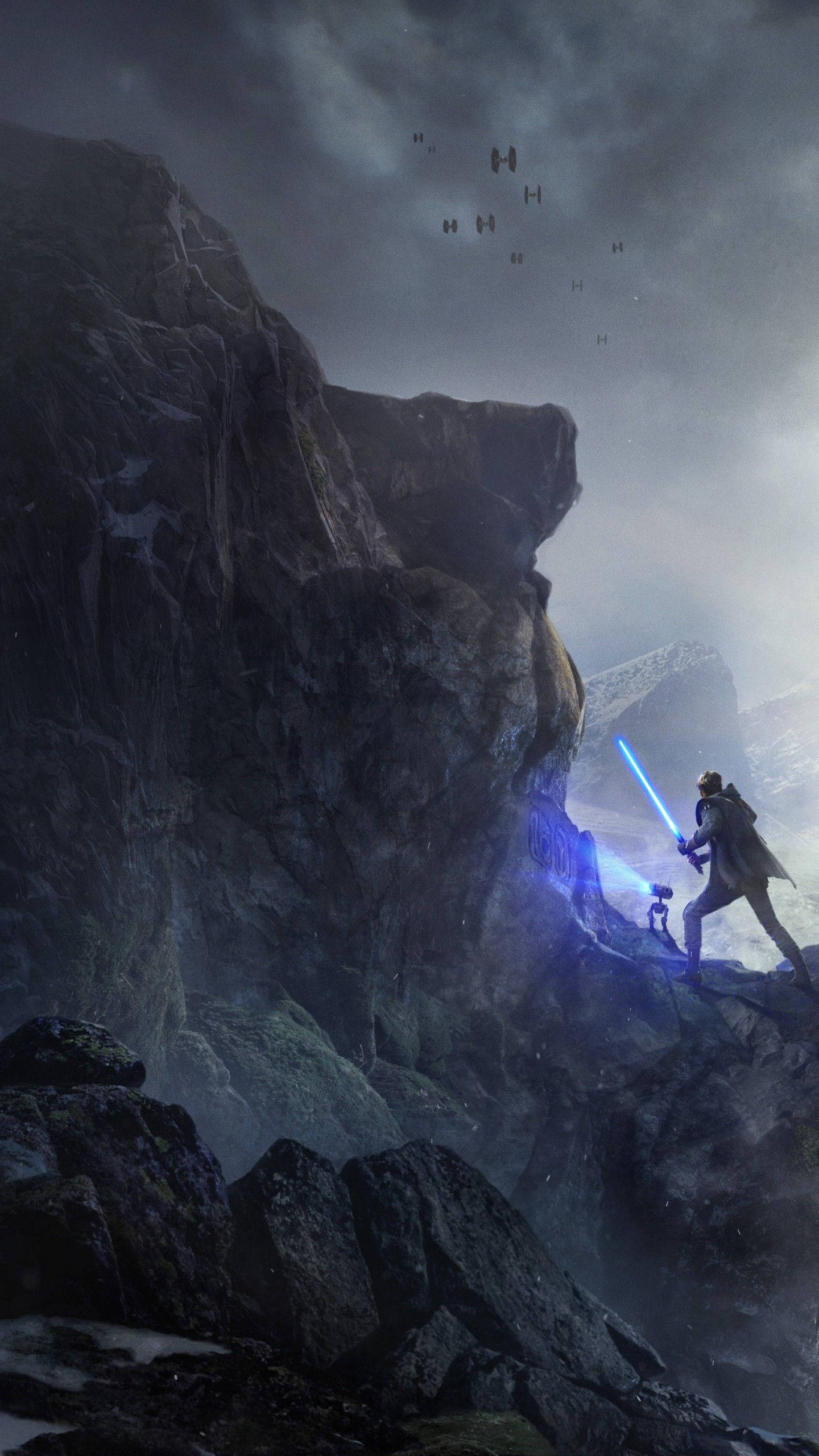 Jedi Fallen Order, blue lightsaber, starfighters, 2K Phone Wallpaper