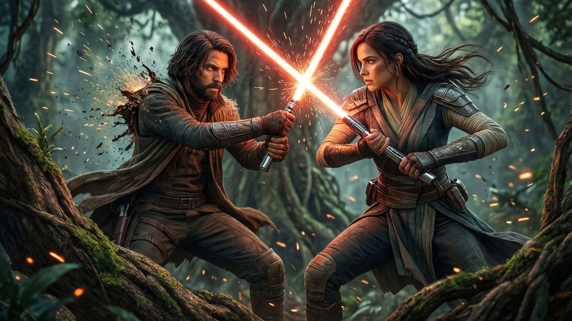 duel above the canopy, misty jungle, glowing red lightsabers, Full HD Desktop Wallpaper