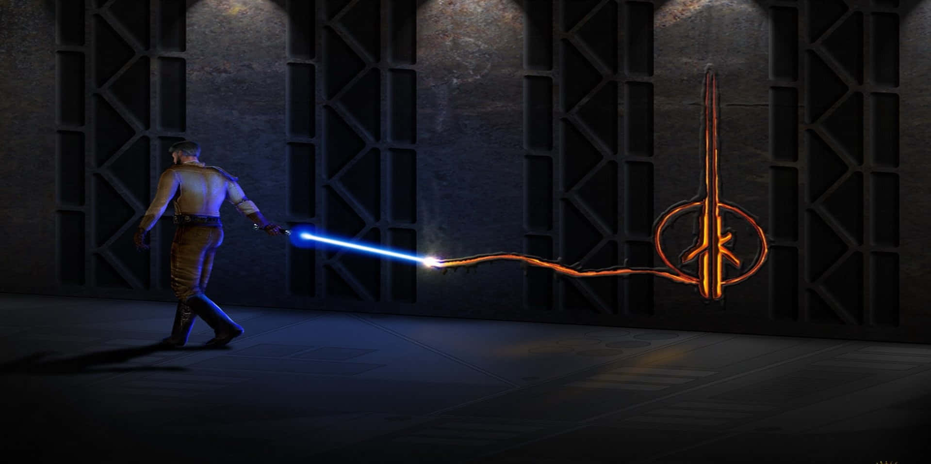 Jedi Knight, glowing blue lightsaber, floating orange lightsaber hilt, HD Desktop Wallpaper