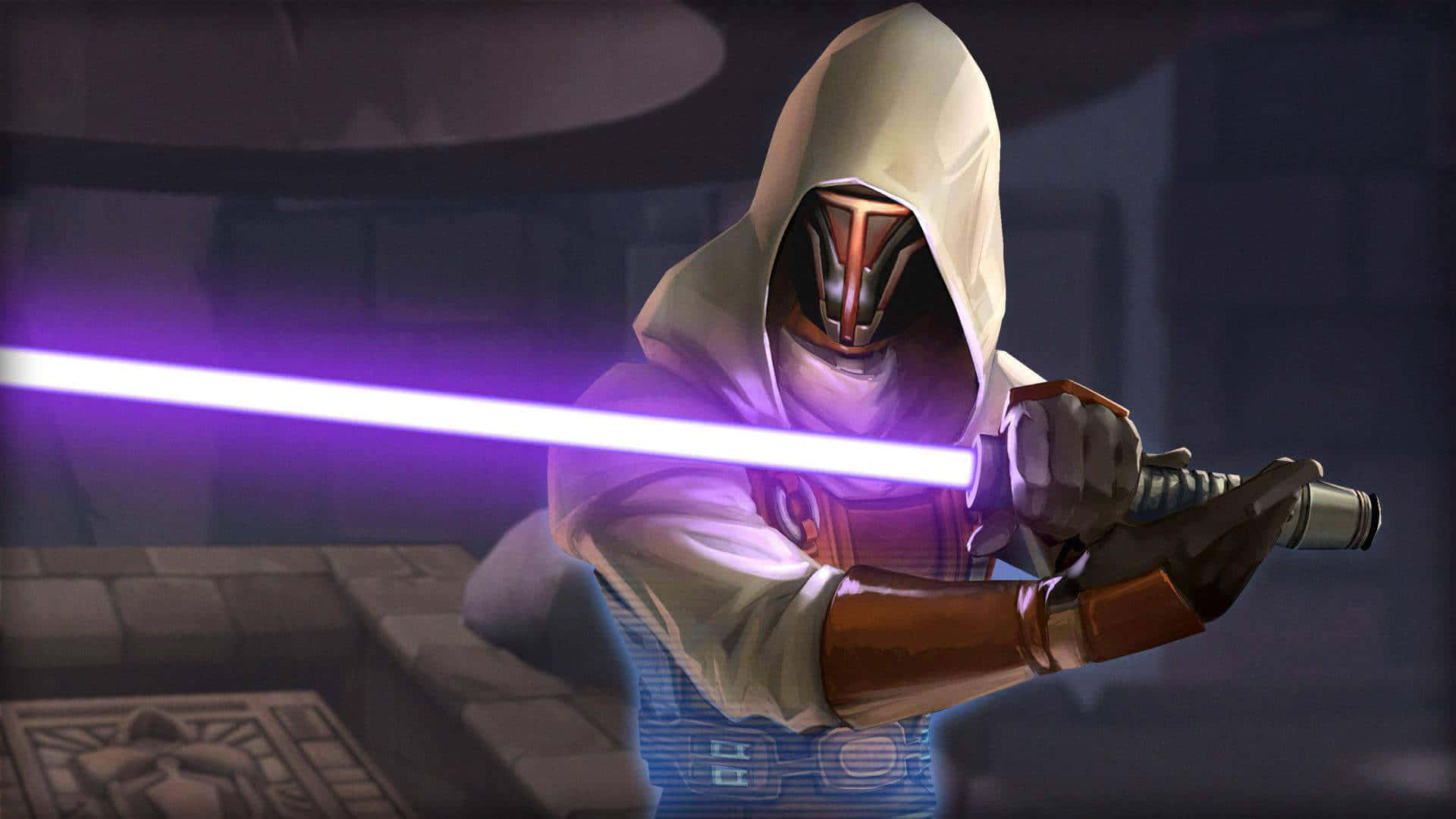 Jedi Knight, glowing purple lightsaber, dimly lit stone chamber, Full HD Desktop Wallpaper