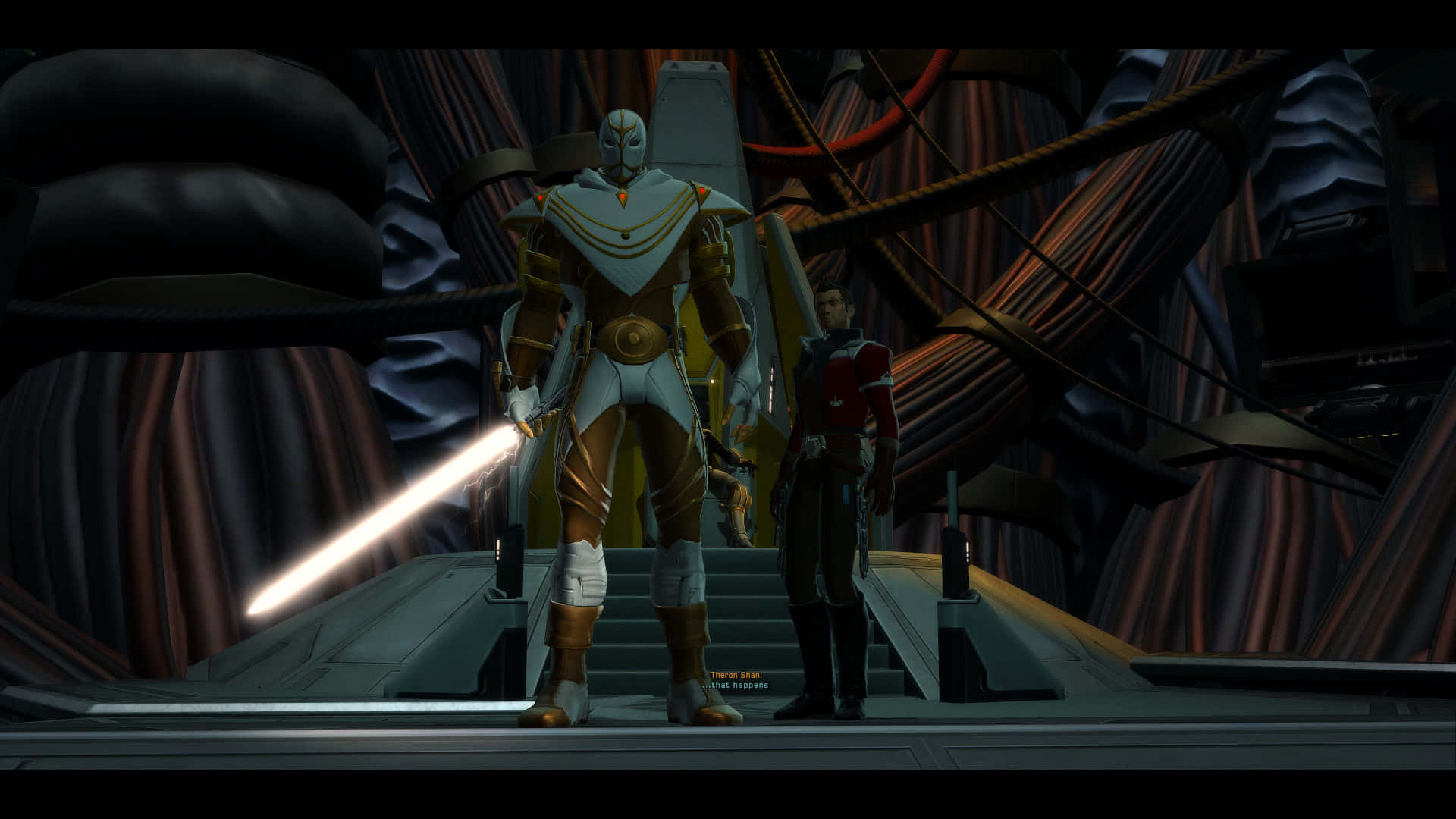 Jedi Knight, gold and white armor, glowing lightsaber, Full HD Desktop Wallpaper