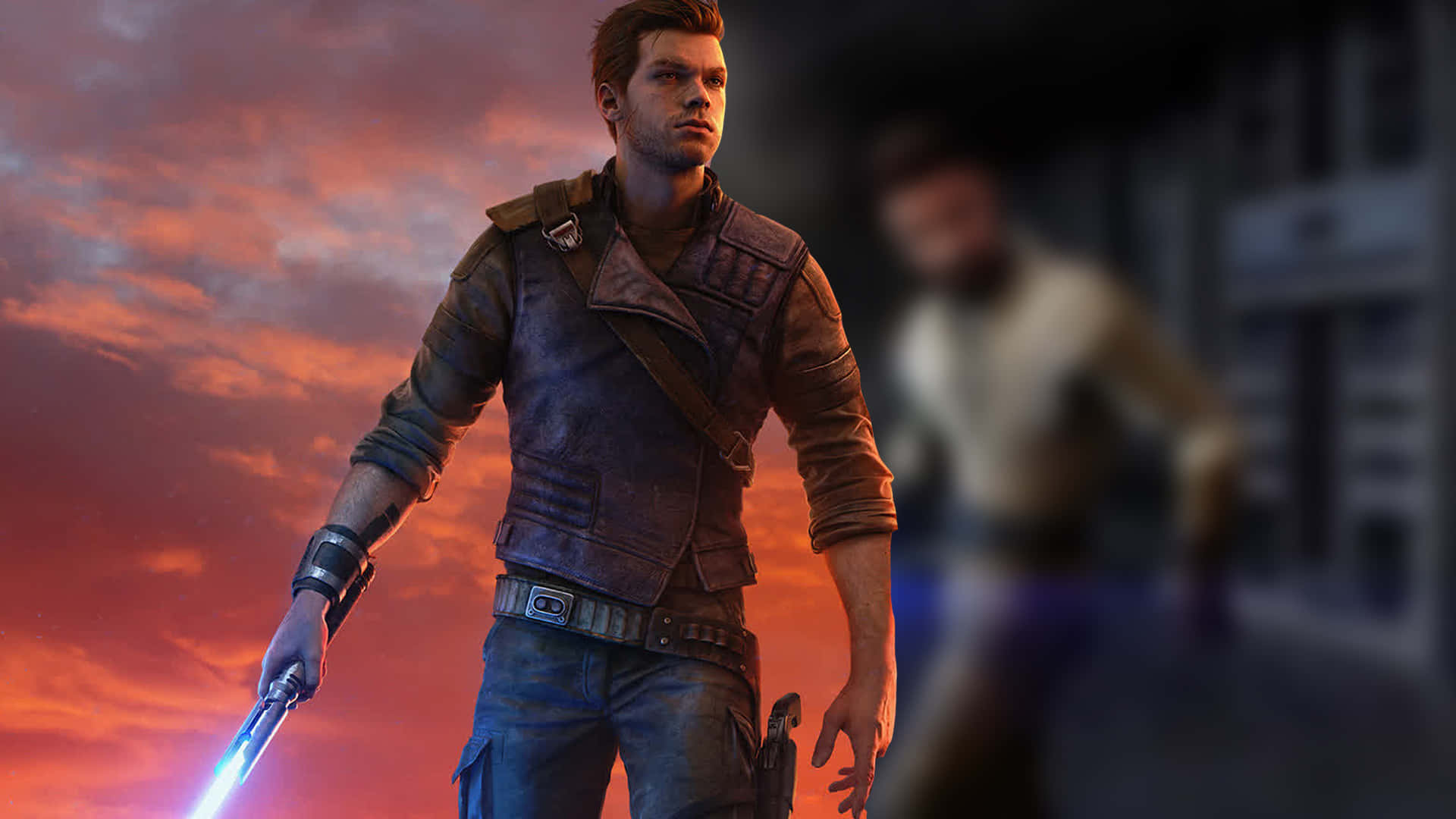 Jedi Knight, blue lightsaber, fiery sunset sky, Full HD Desktop Wallpaper