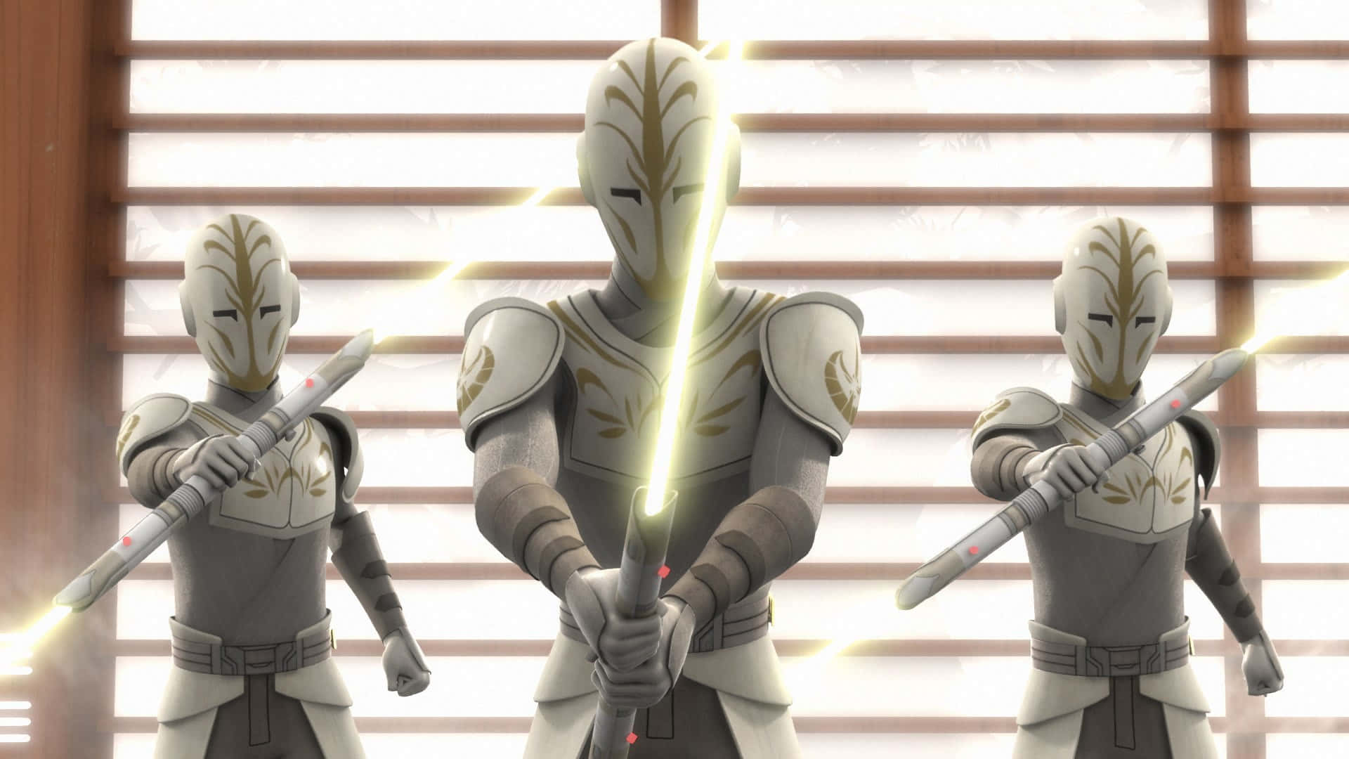 Jedi Knight, white and gold armor, glowing lightsabers, Full HD Desktop Wallpaper