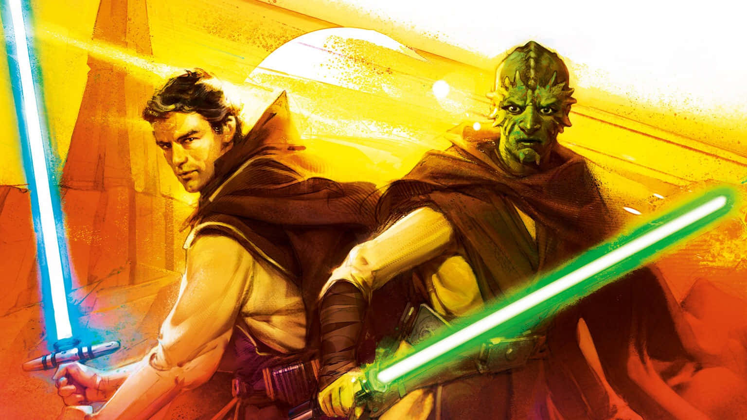 Jedi Knight, blue lightsaber, green lightsaber, HD Desktop Wallpaper