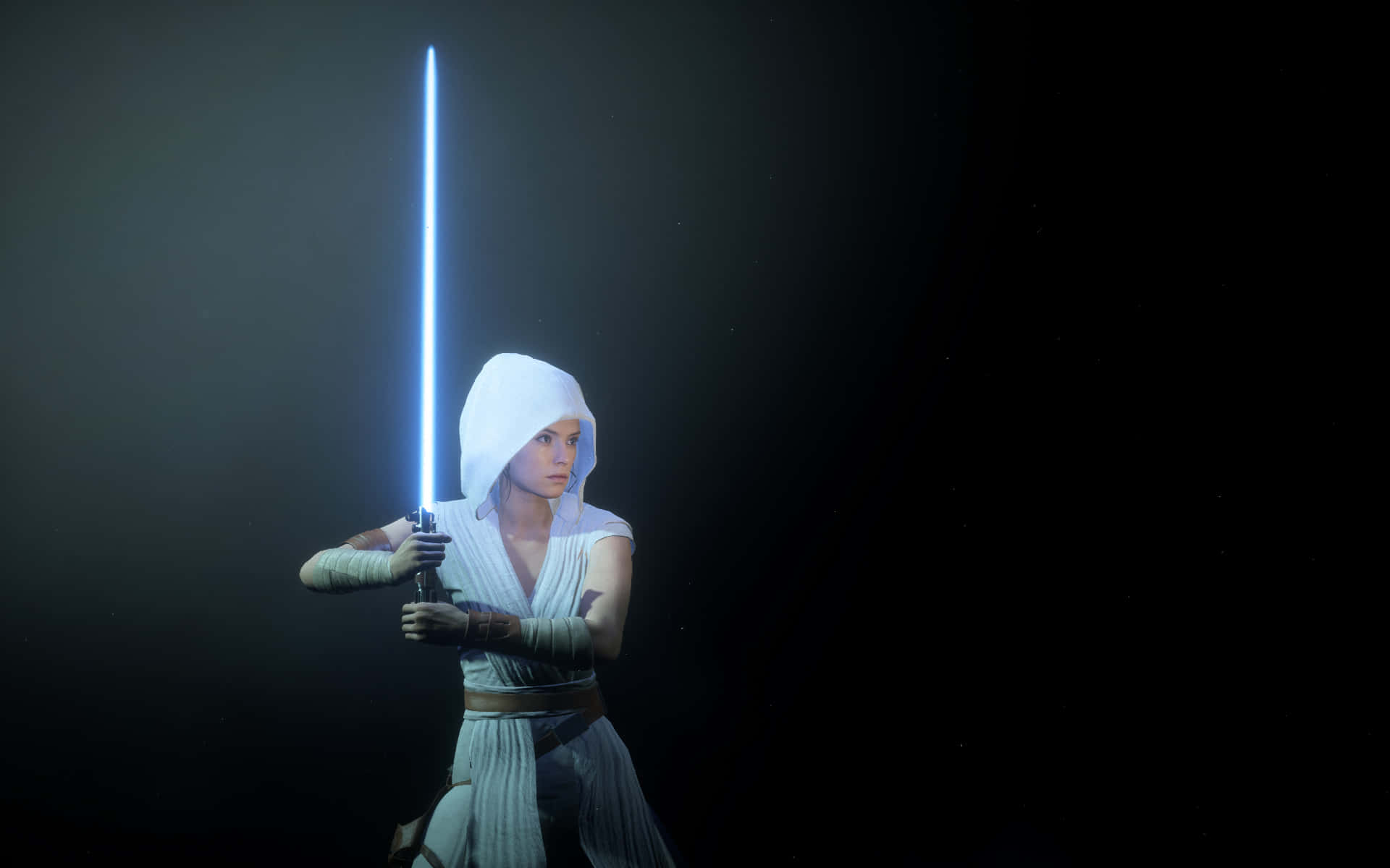 Jedi Knight, white robes, glowing blue lightsaber, Full HD Desktop Wallpaper