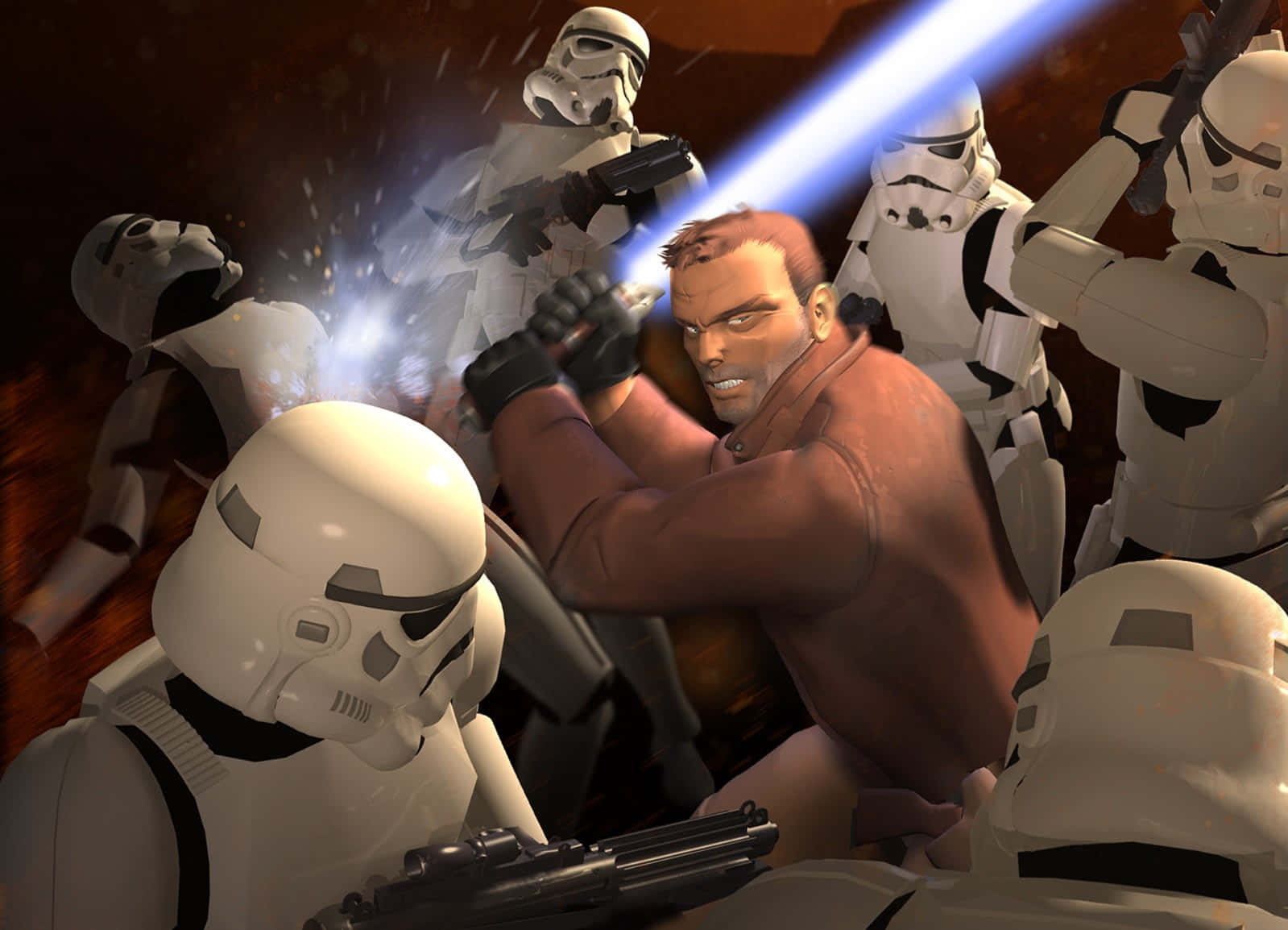 Jedi Knight, blue lightsaber, stormtroopers, HD Desktop Wallpaper