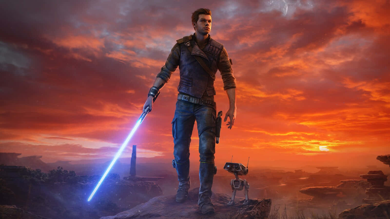 Jedi Knight, glowing blue lightsaber, fiery orange and red sunset sky, HD Desktop Wallpaper