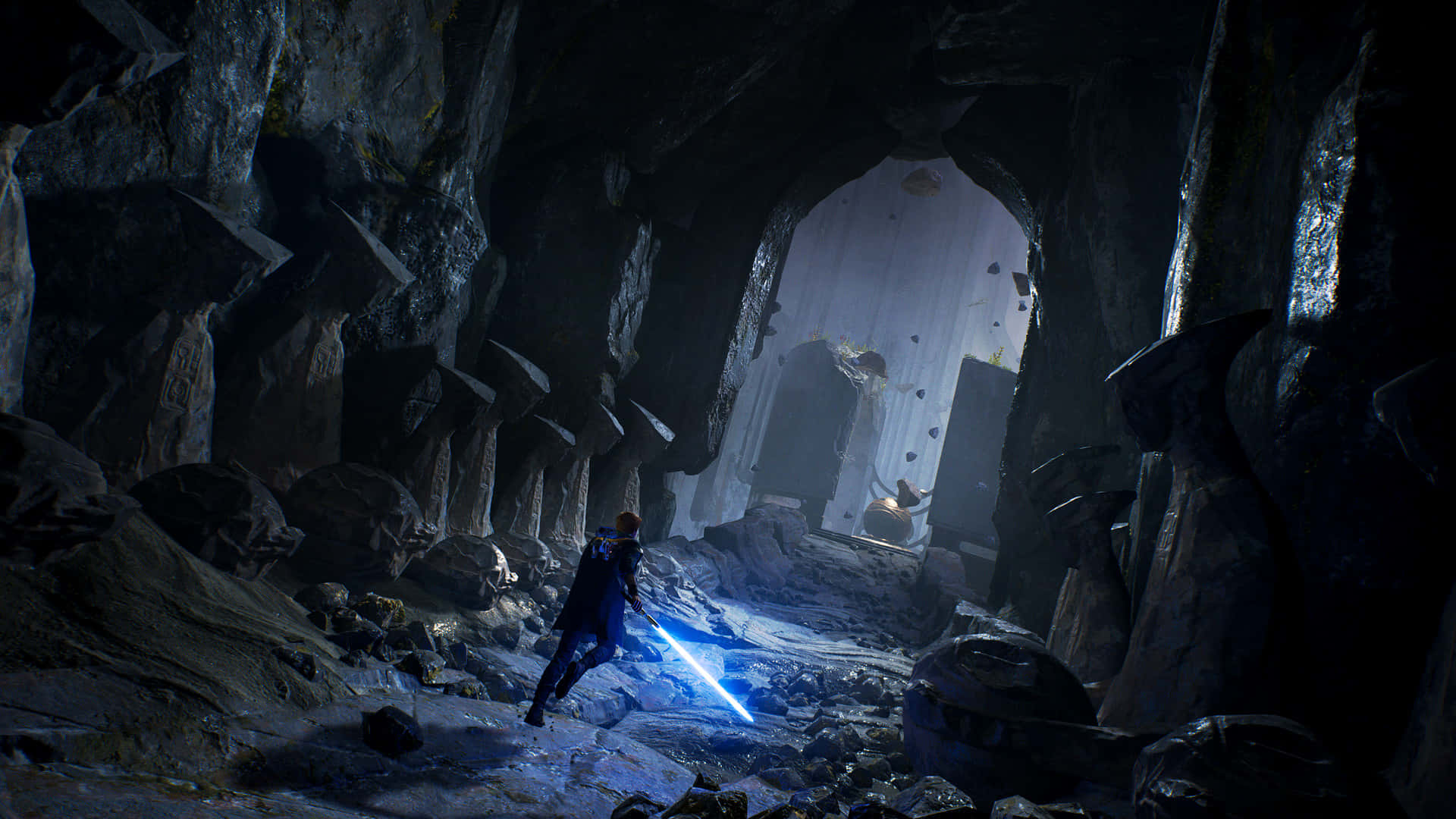 Jedi Knight, glowing blue lightsaber, dark rocky cave tunnel, Full HD Desktop Wallpaper