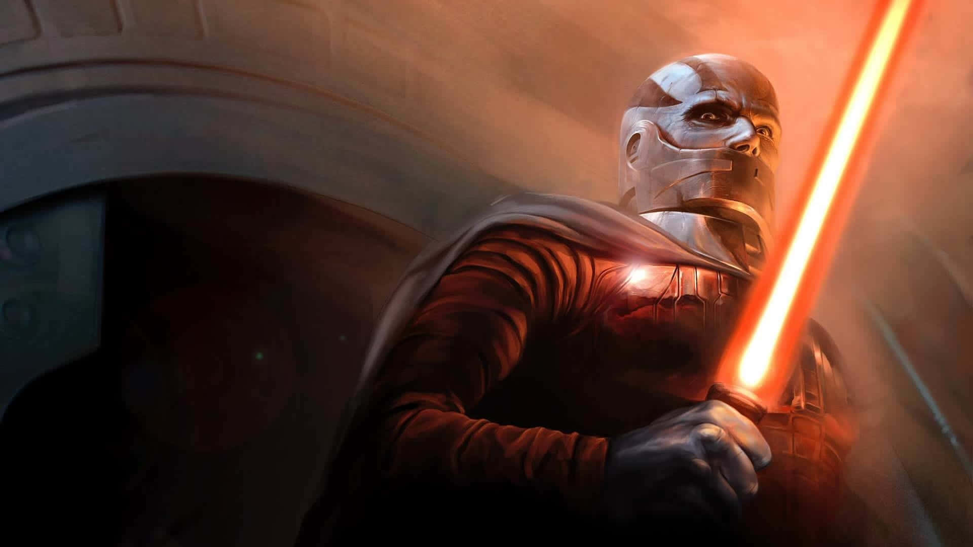 Jedi Knight, glowing orange lightsaber, dark robes, Full HD Desktop Wallpaper