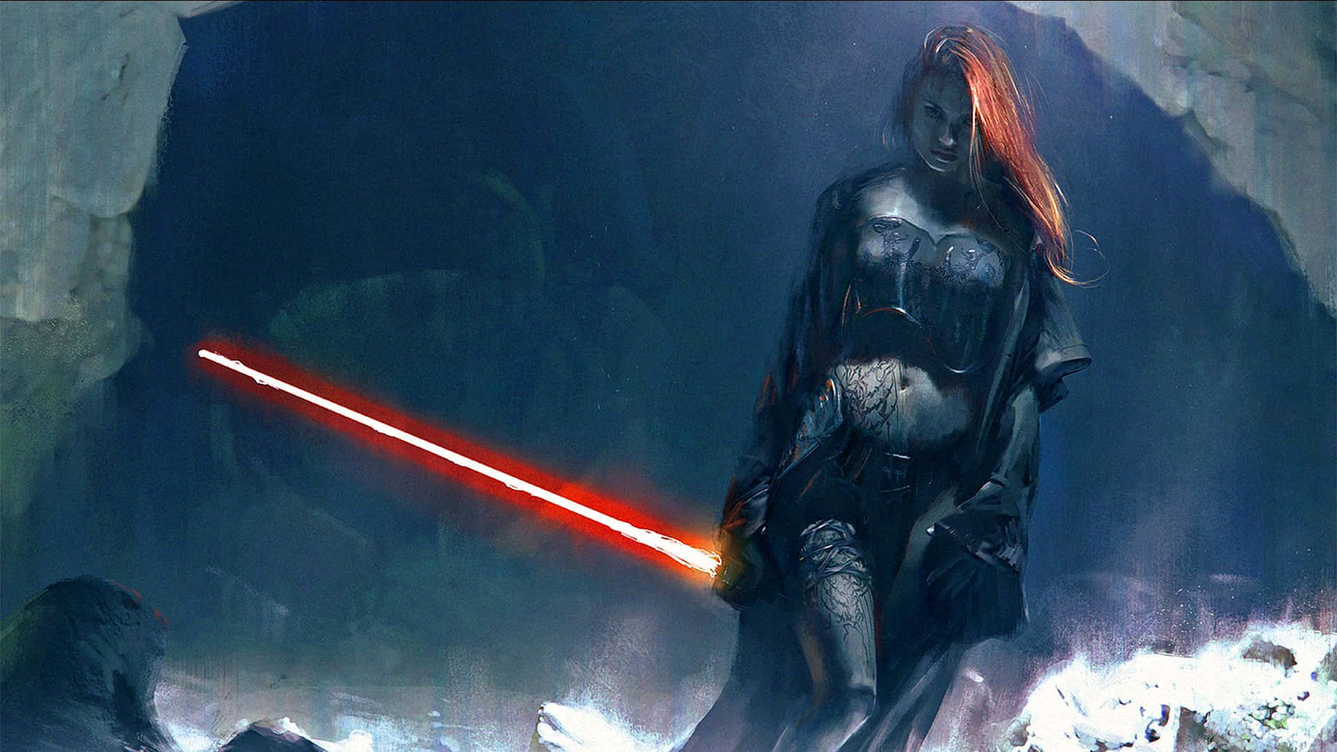 Jedi Knight, red lightsaber, dark misty cave, Full HD Desktop Wallpaper