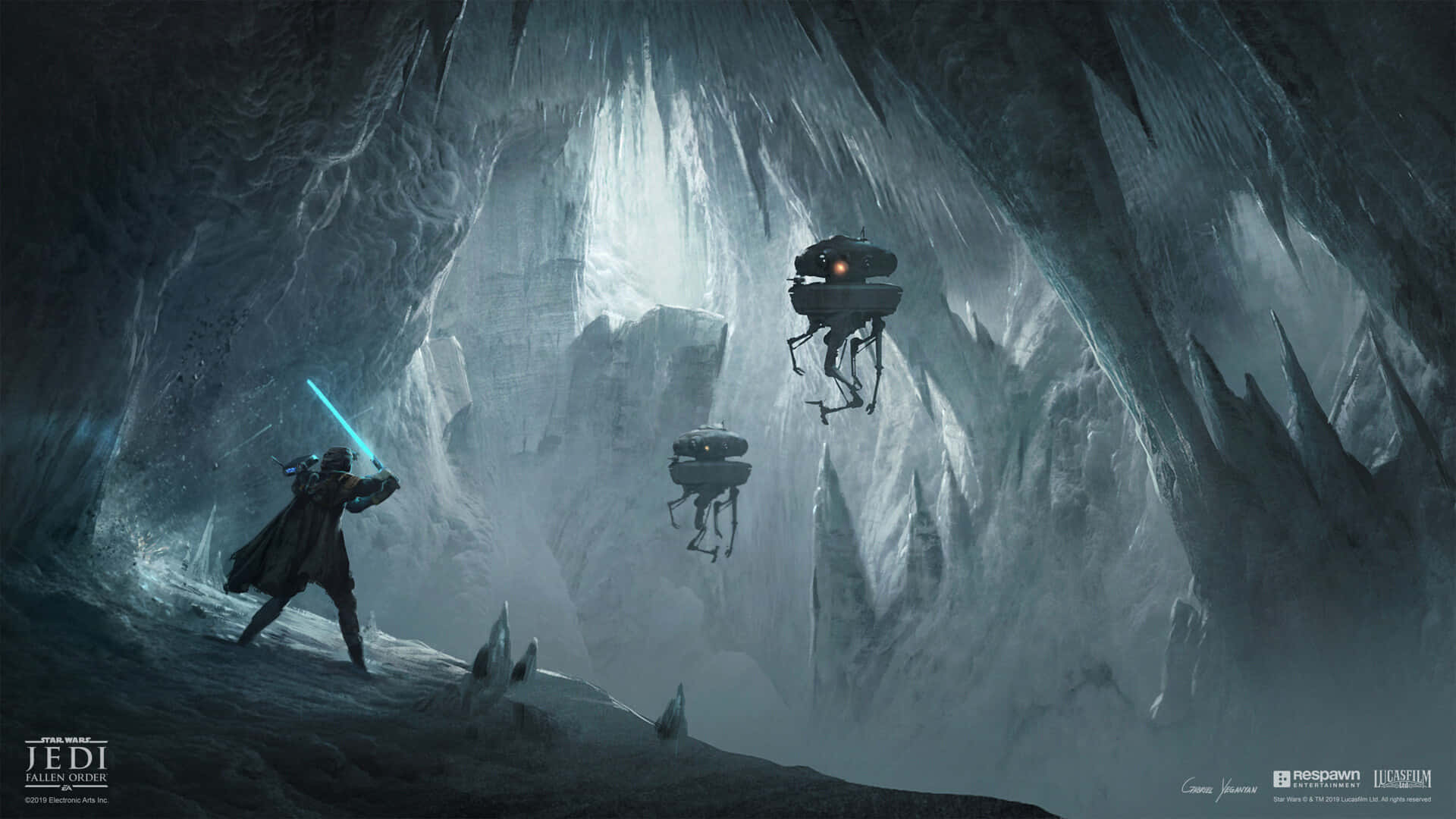 Jedi Knight, blue lightsaber, icy cavern, Full HD Desktop Wallpaper