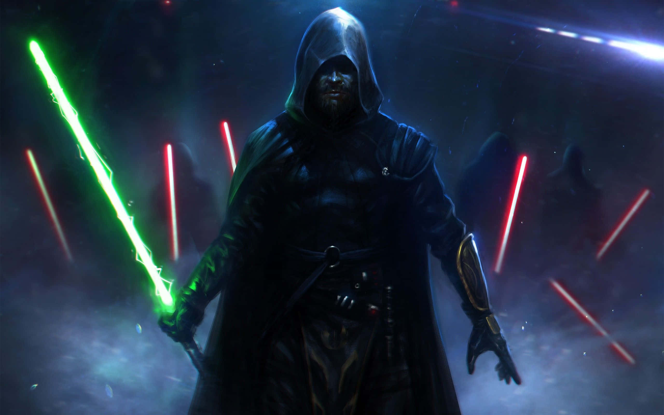 Jedi Vs Sith, hooded warrior, glowing green lightsaber, 2K Desktop Wallpaper