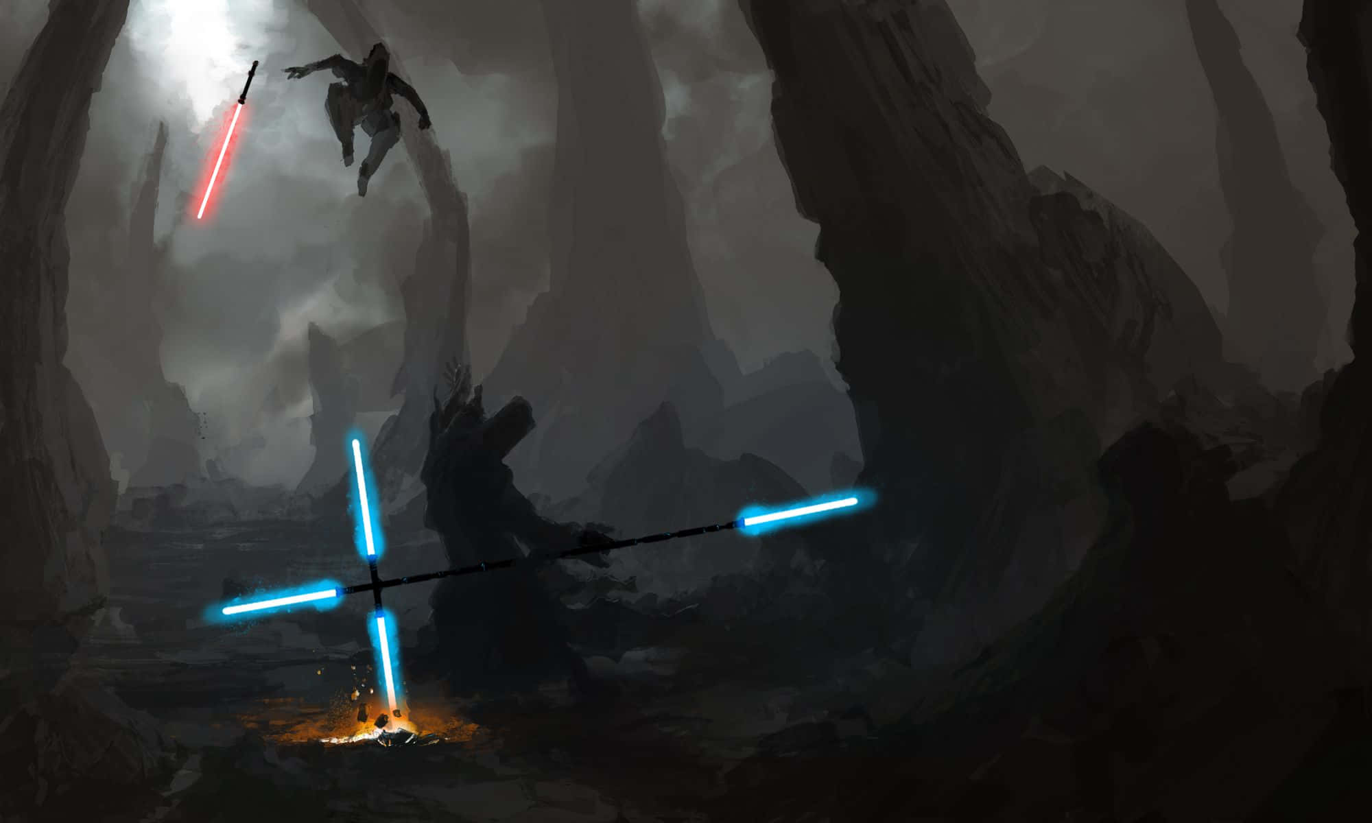 Jedi Vs Sith, red lightsaber, blue double-bladed lightsaber, Full HD Desktop Wallpaper