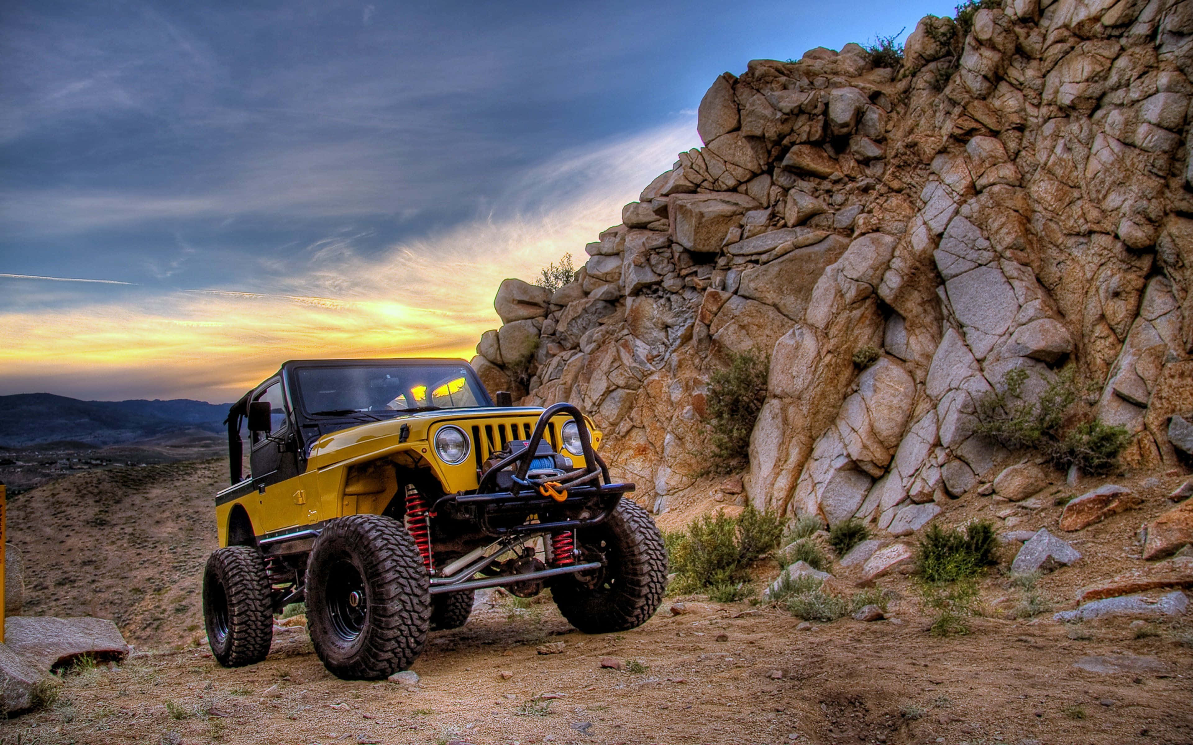 Jeep CJ, bright yellow, red shocks, 4K Desktop Wallpaper
