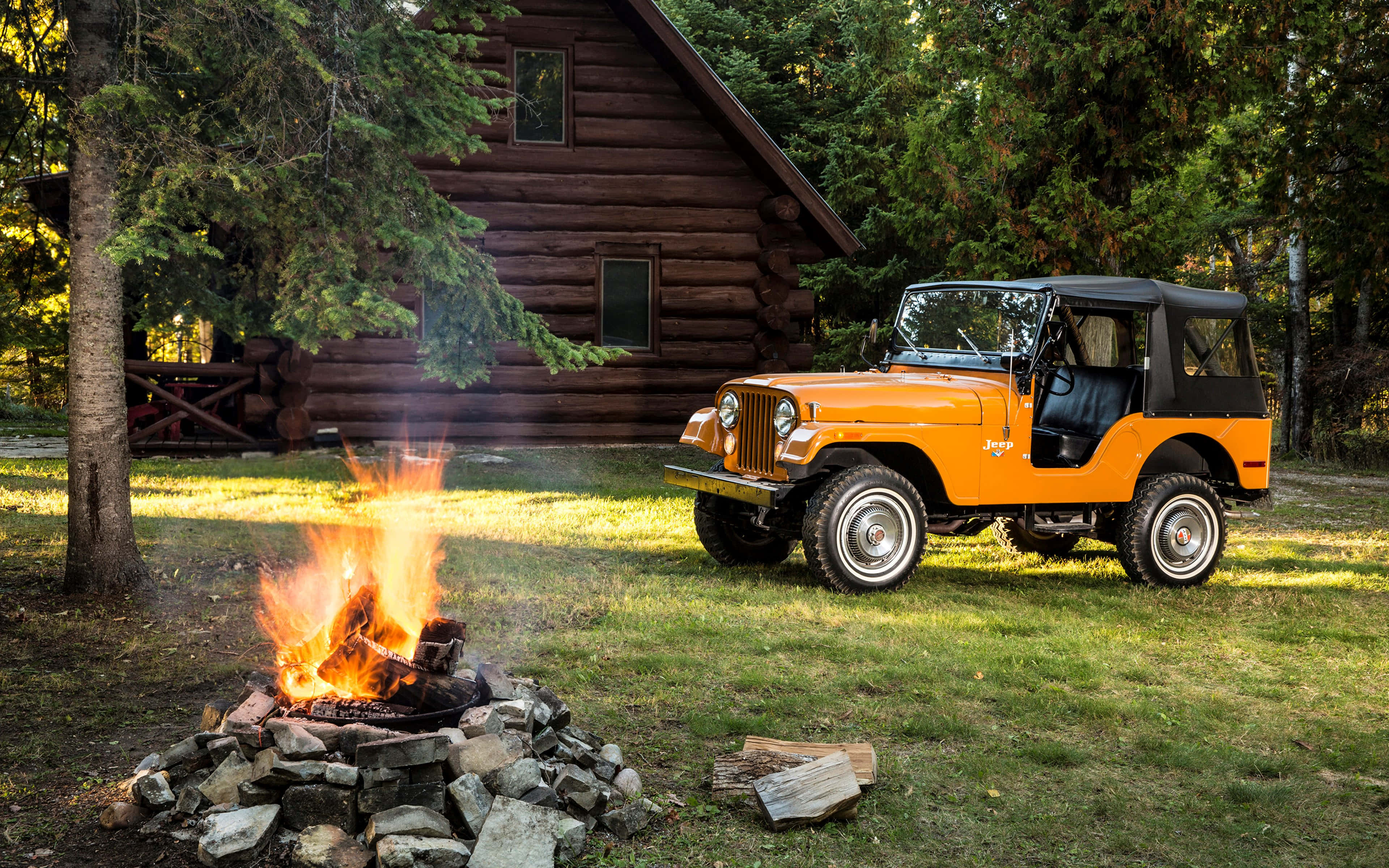 Jeep CJ, vibrant orange, crackling campfire, 4K Desktop Wallpaper