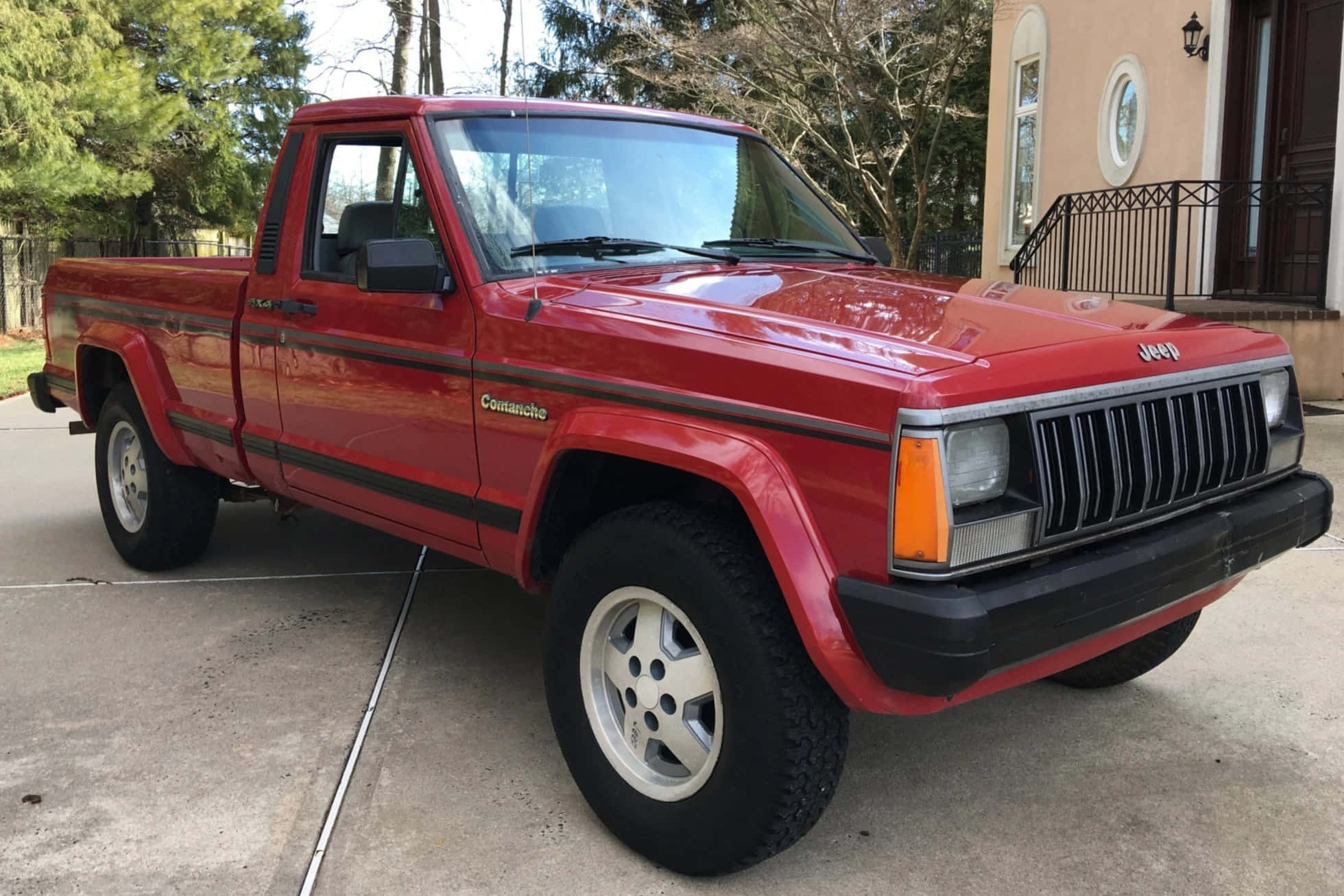 Jeep Comanche, vibrant red, concrete driveway, Full HD Desktop Wallpaper