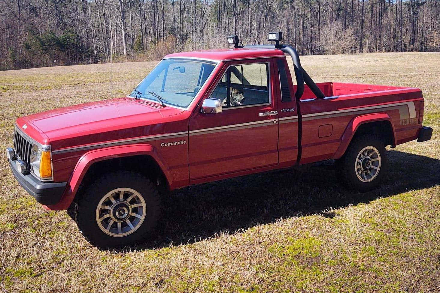 Jeep Comanche, vibrant red, dry grass, HD Desktop Wallpaper