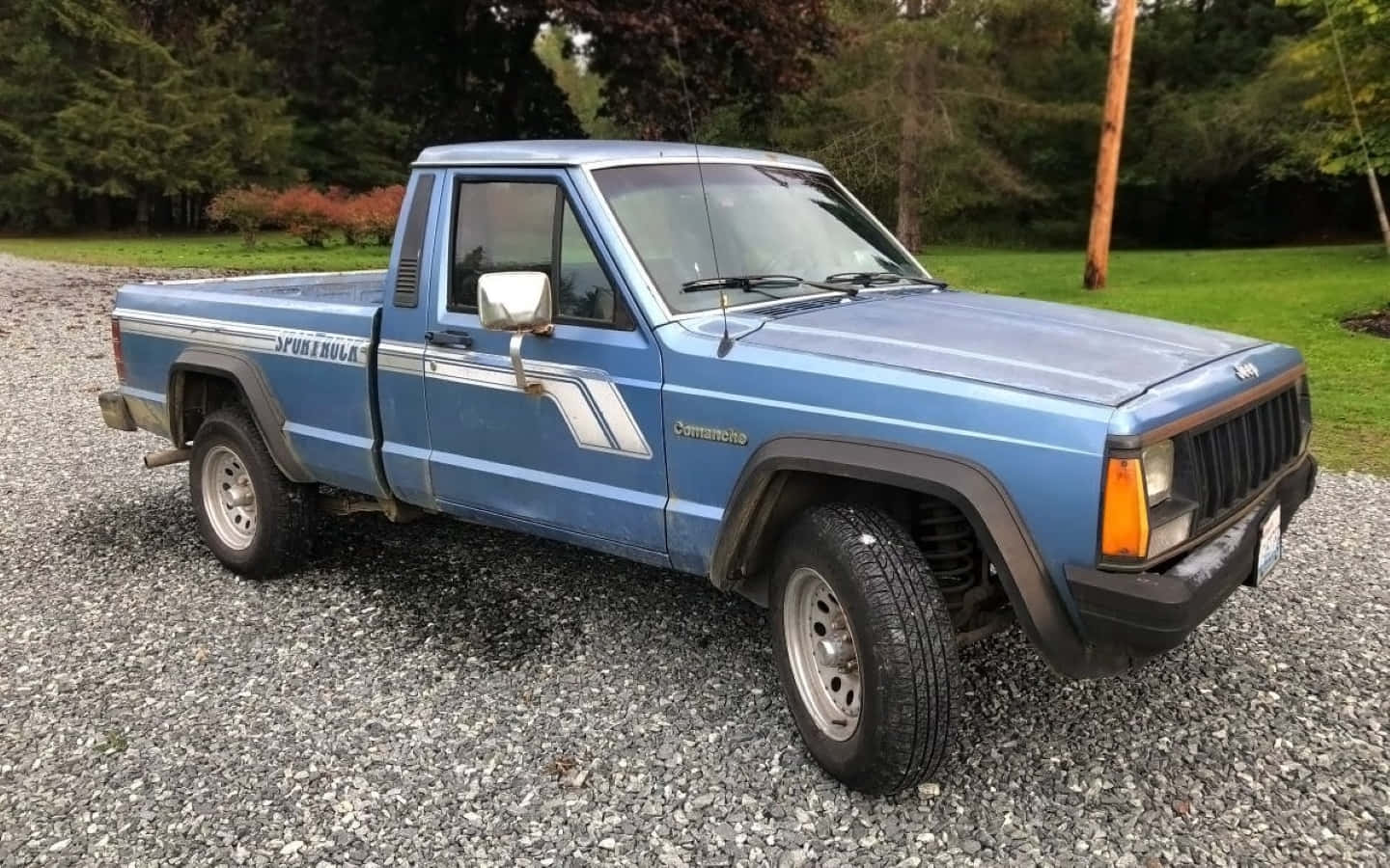 Jeep Comanche, vintage blue, gravel driveway, HD Desktop Wallpaper