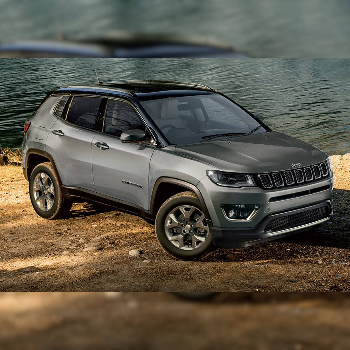 Jeep Compass, dirt shore, calm water, SD Desktop Wallpaper