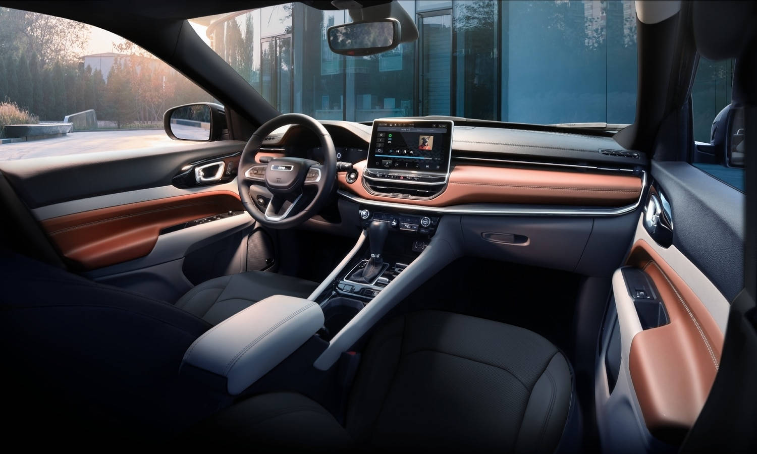 Jeep Compass, black leather seats, copper accents, HD Desktop Wallpaper
