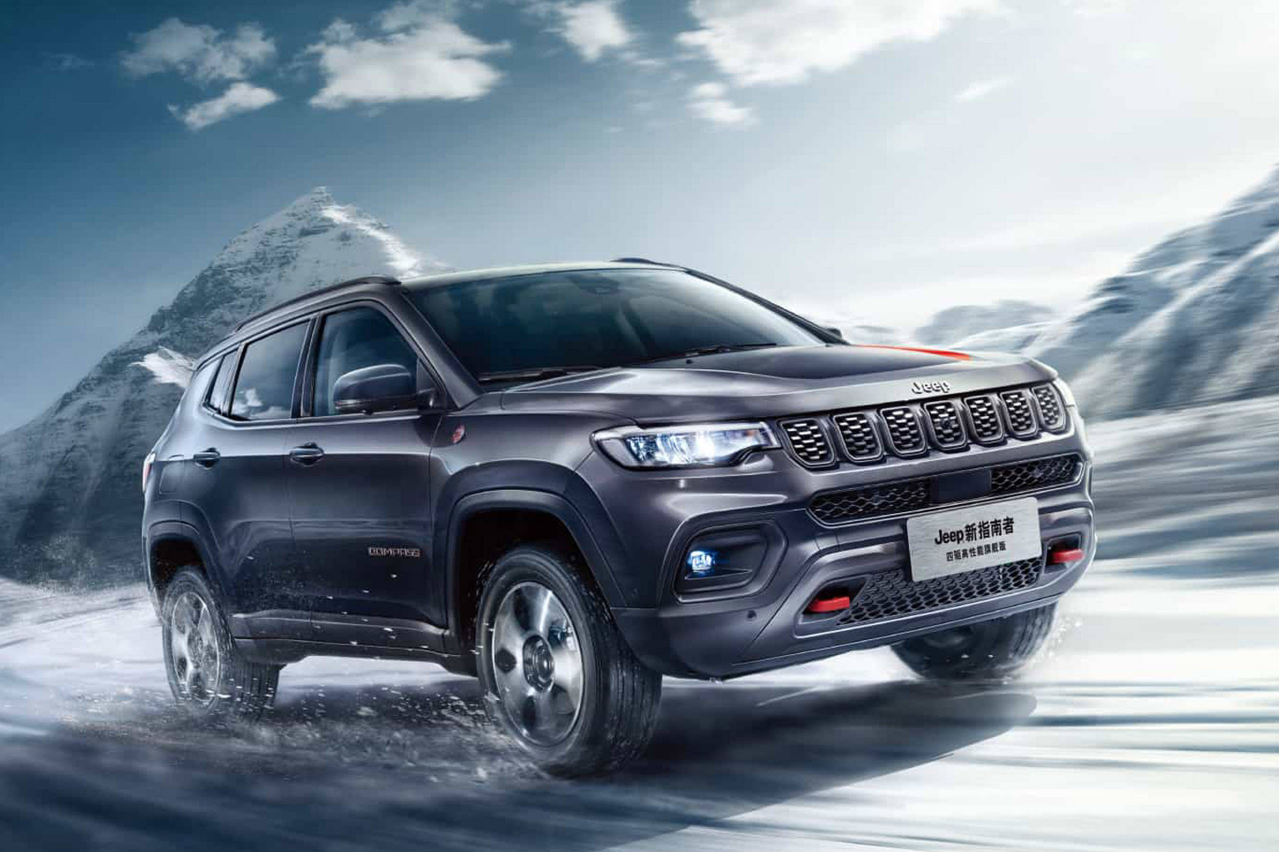 Jeep Compass, snowy terrain, snow-capped mountains, 2K Desktop Wallpaper