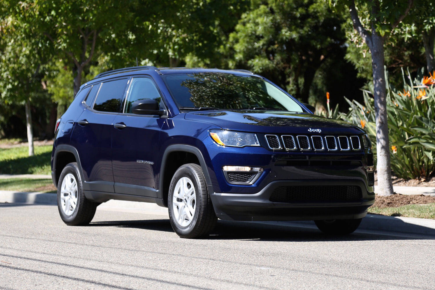 Jeep Compass, Dark Blue, sunlit street, HD Desktop Wallpaper