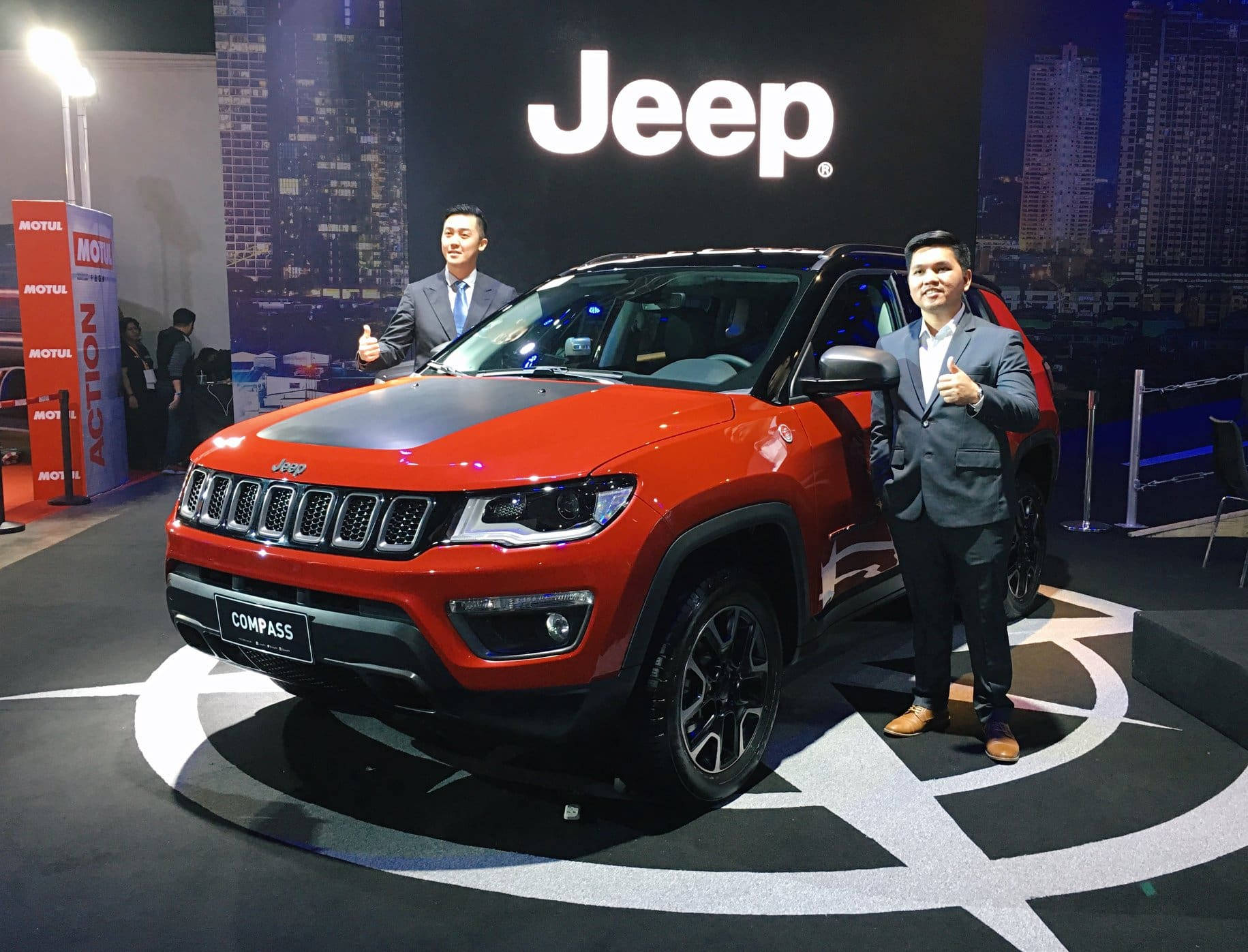 Jeep Compass, vibrant red, circular platform, HD Desktop Wallpaper