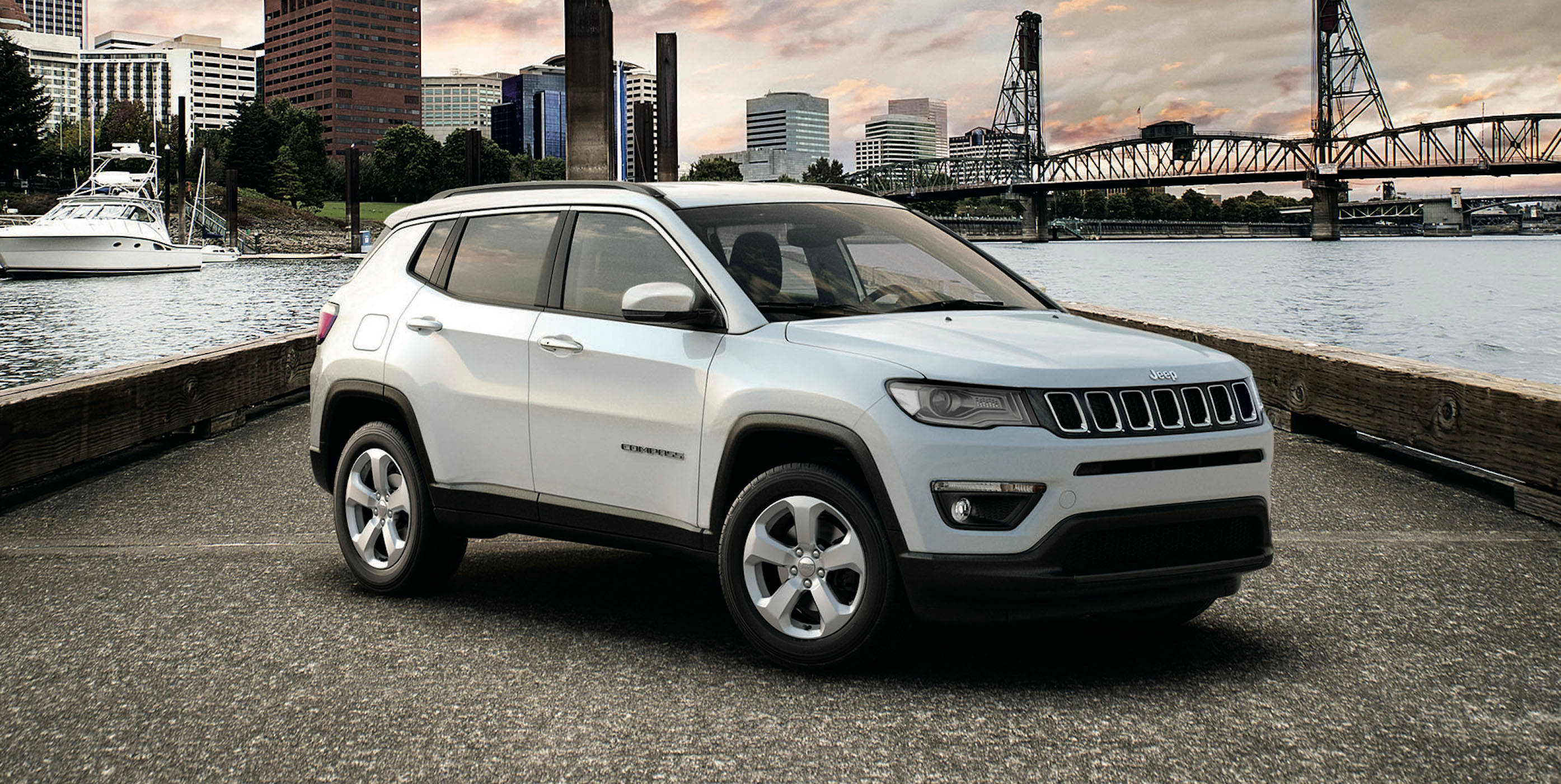 Jeep Compass, white, waterfront dock, 2K Desktop Wallpaper