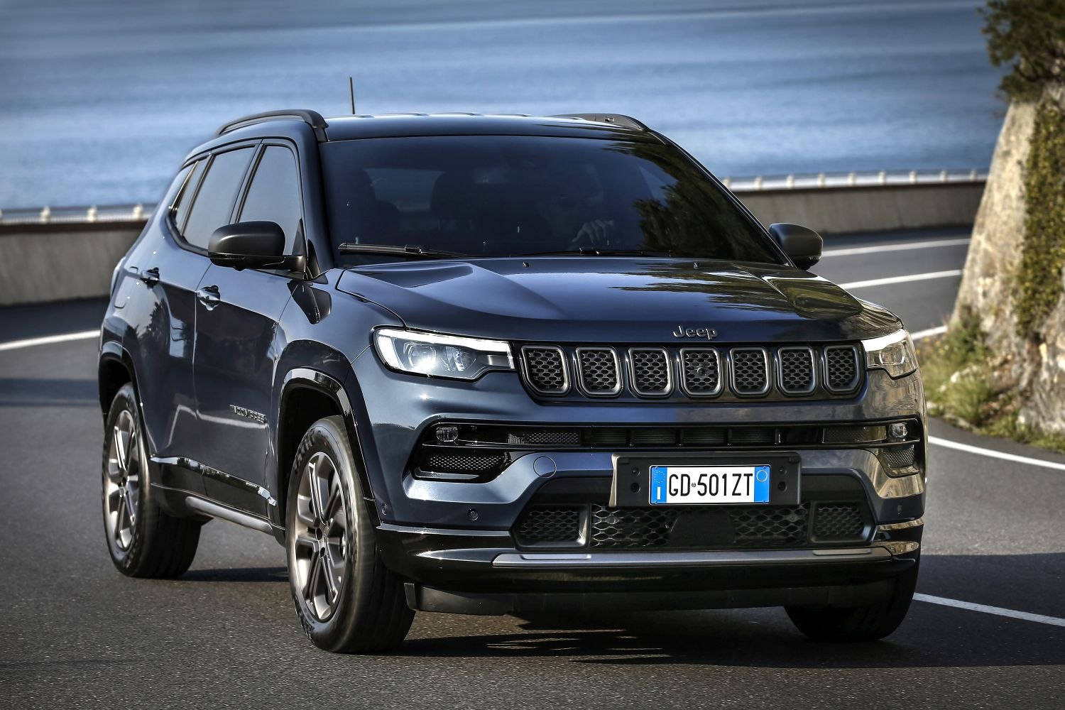 Jeep Compass, dark blue, coastal road, HD Desktop Wallpaper