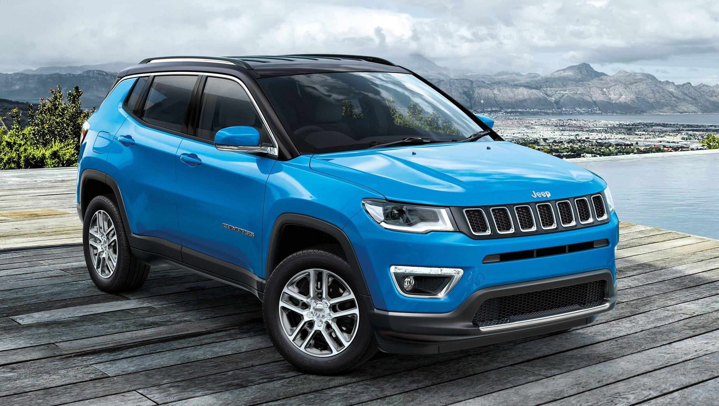 Jeep Compass, wooden deck, coastal city, Full HD Desktop Wallpaper