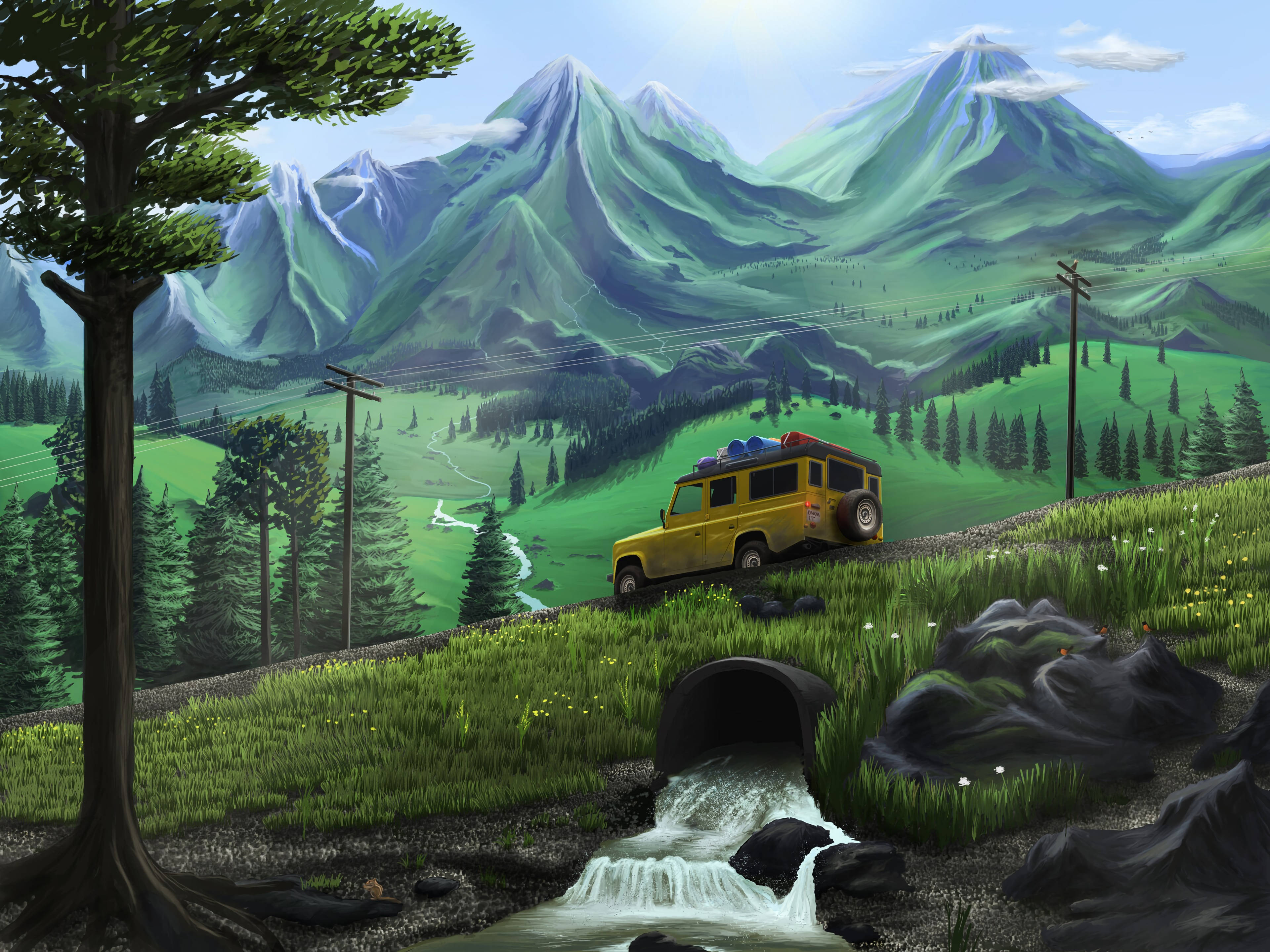 yellow jeep, winding mountain road, rushing stream, 4K Desktop Wallpaper