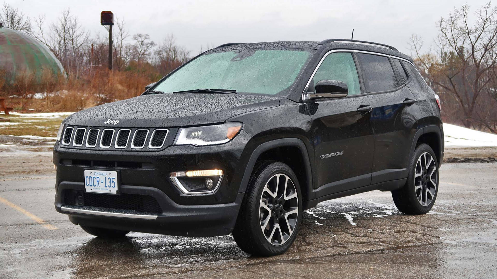 Jeep Compass, black, wet asphalt lot, Full HD Desktop Wallpaper