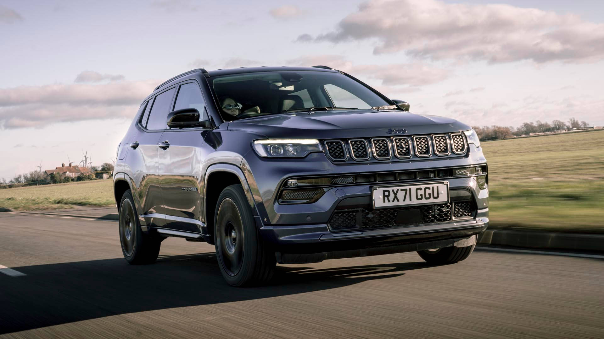 Jeep Compass, dark blue, rural road, Full HD Desktop Wallpaper