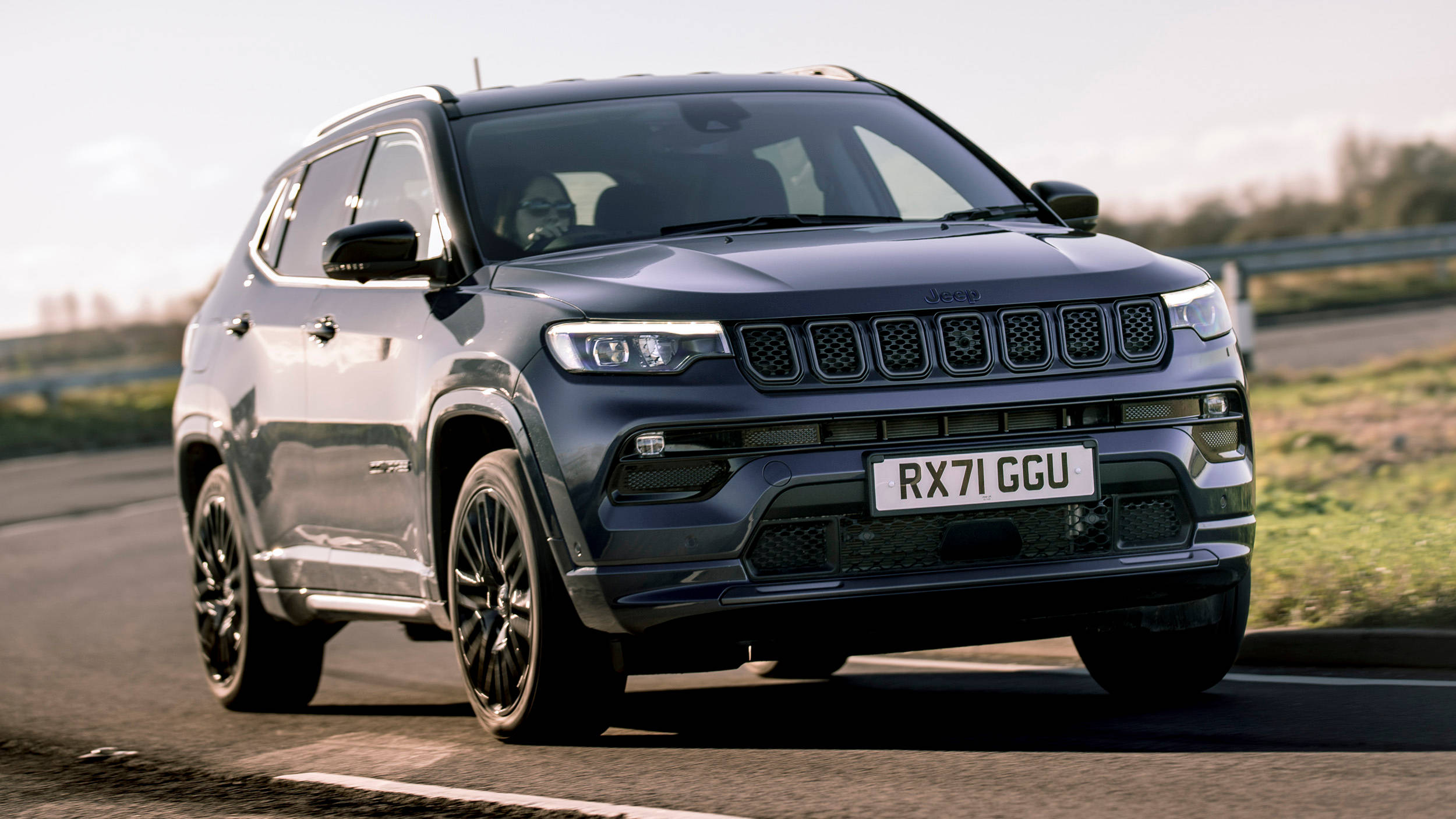 Jeep Compass, dark blue, curved road, Full HD Desktop Wallpaper
