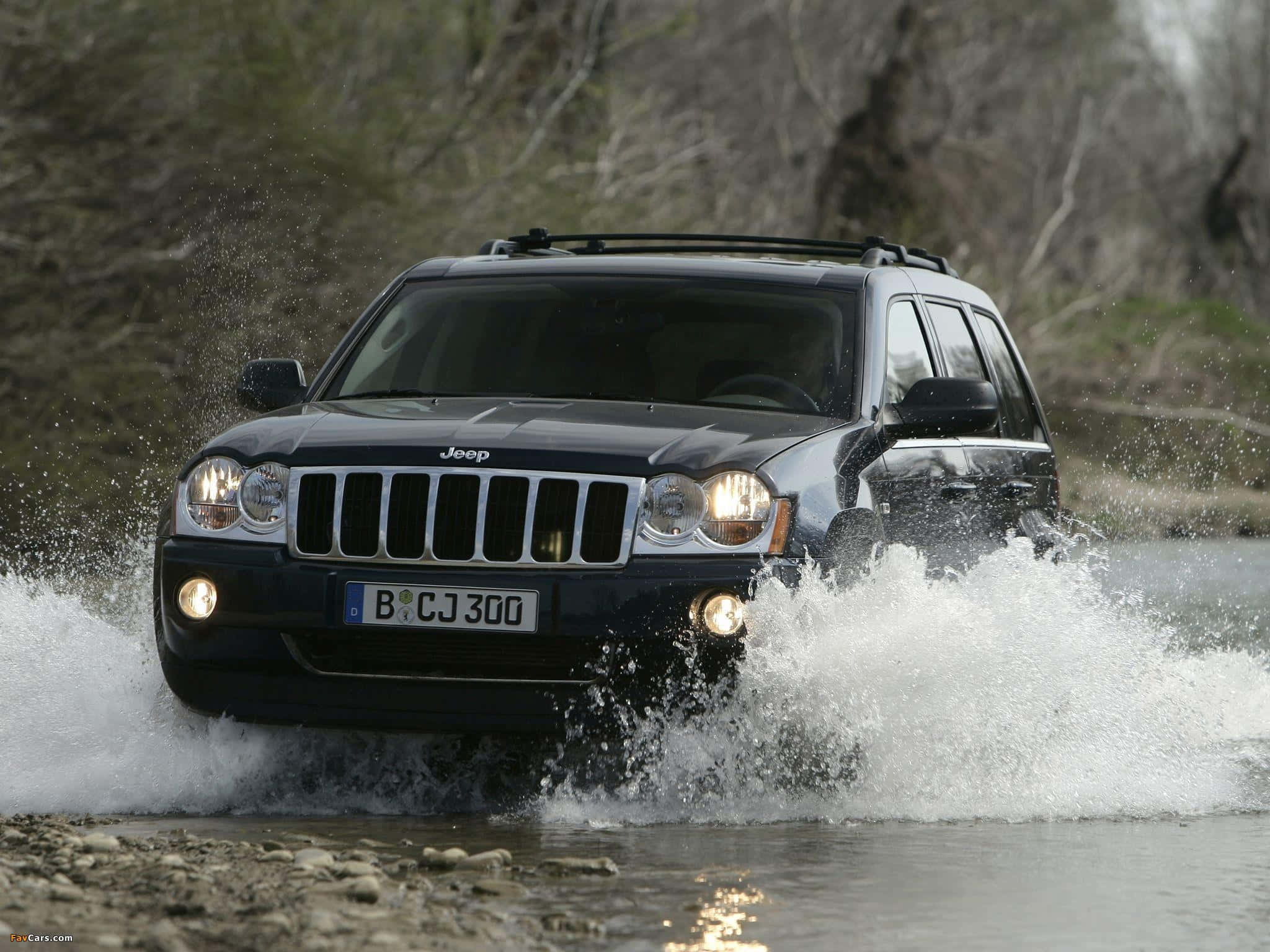 Jeep Grand Cherokee, black, headlights on, Full HD Desktop Wallpaper