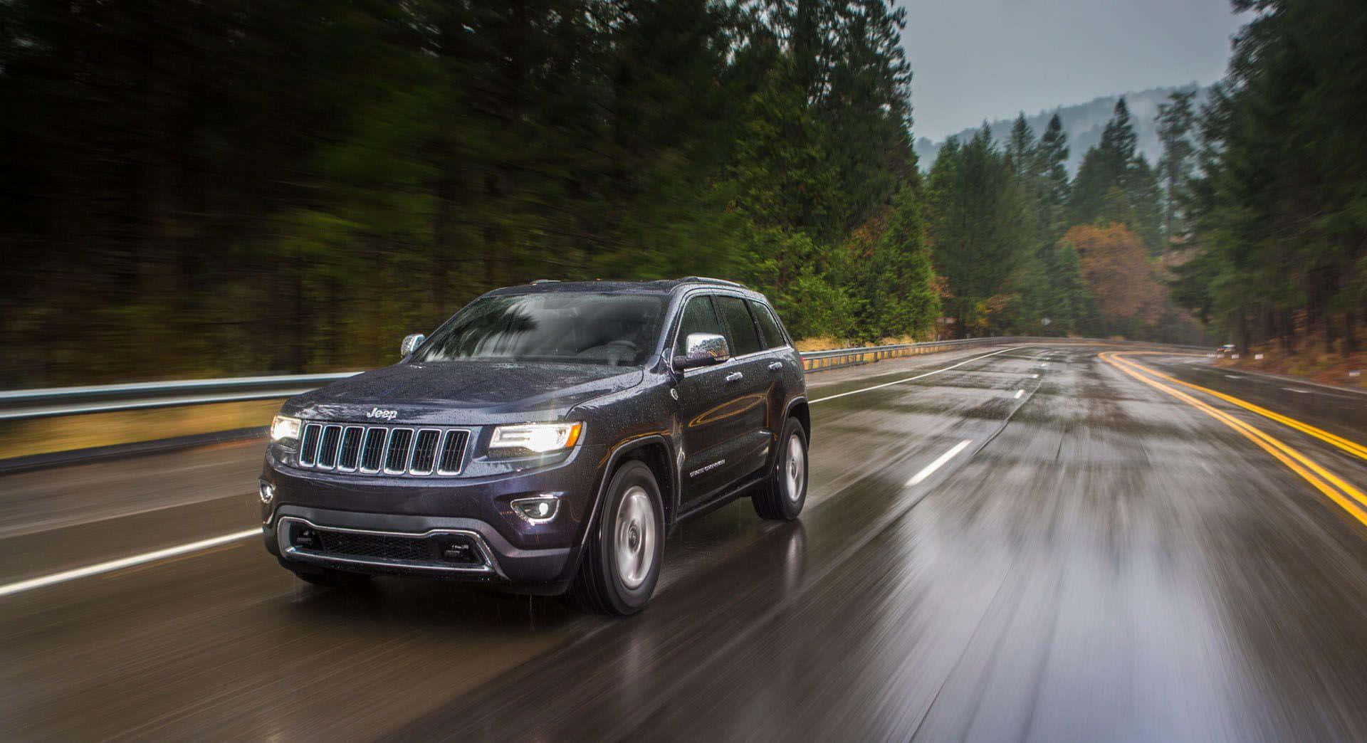 Jeep Grand Cherokee, dark gray, wet forest road, Full HD Desktop Wallpaper