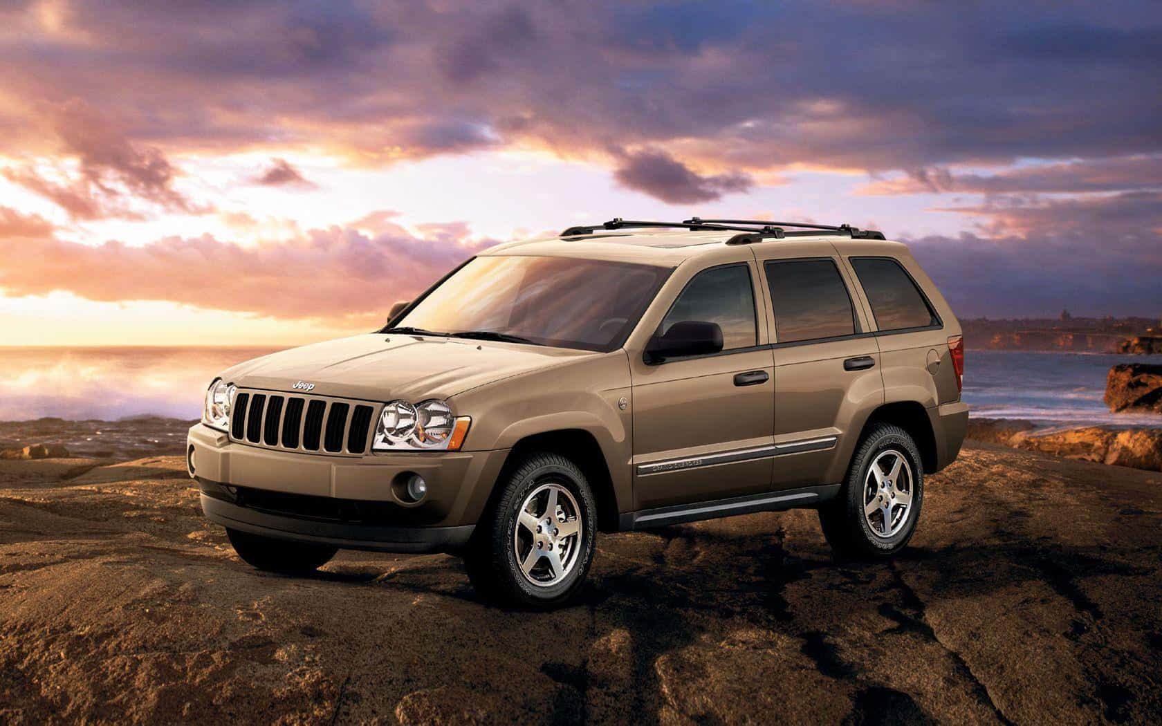Jeep Grand Cherokee, tan, rocky coastline, HD Desktop Wallpaper