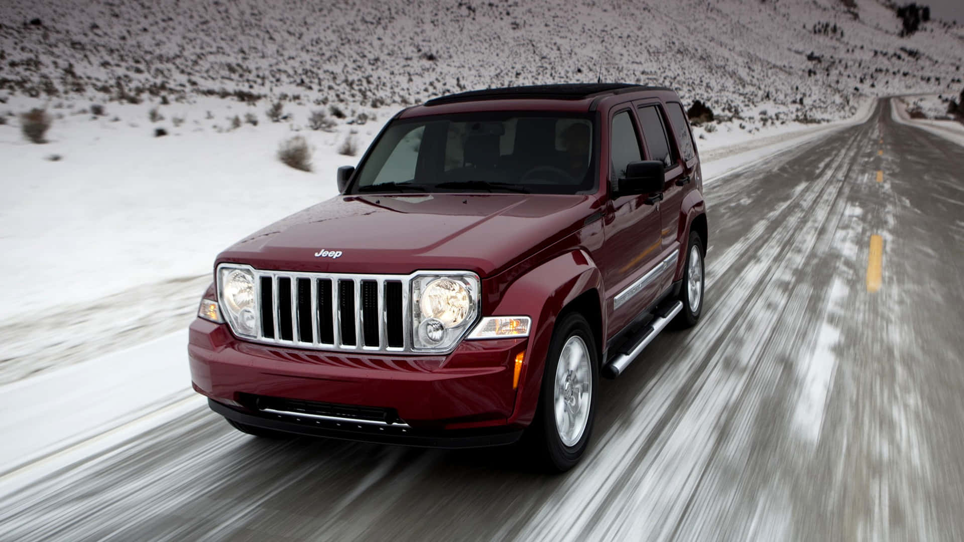 Jeep Liberty, maroon, snowy mountain road, Full HD Desktop Wallpaper