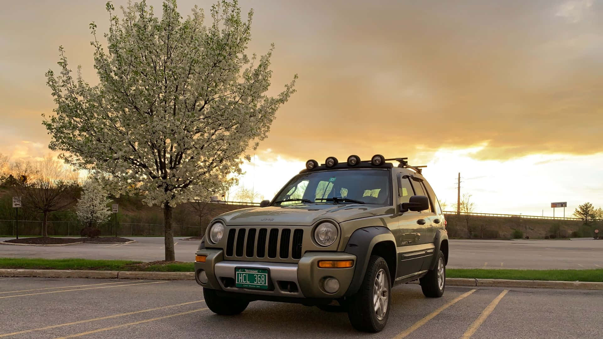 Jeep Liberty, green, blooming tree, Full HD Desktop Wallpaper