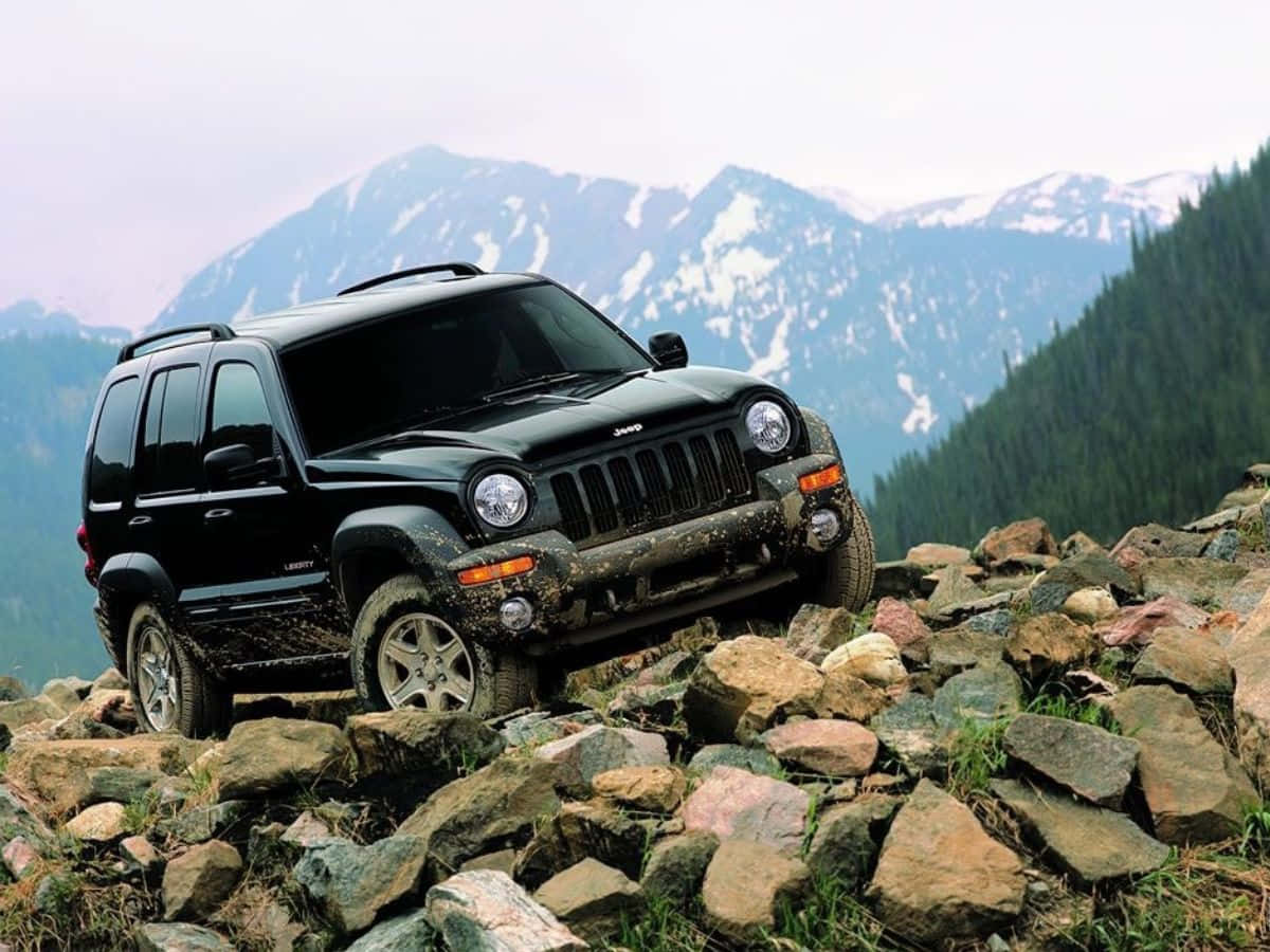Jeep Liberty, black, rugged rocky mountain trail, SD Desktop Wallpaper
