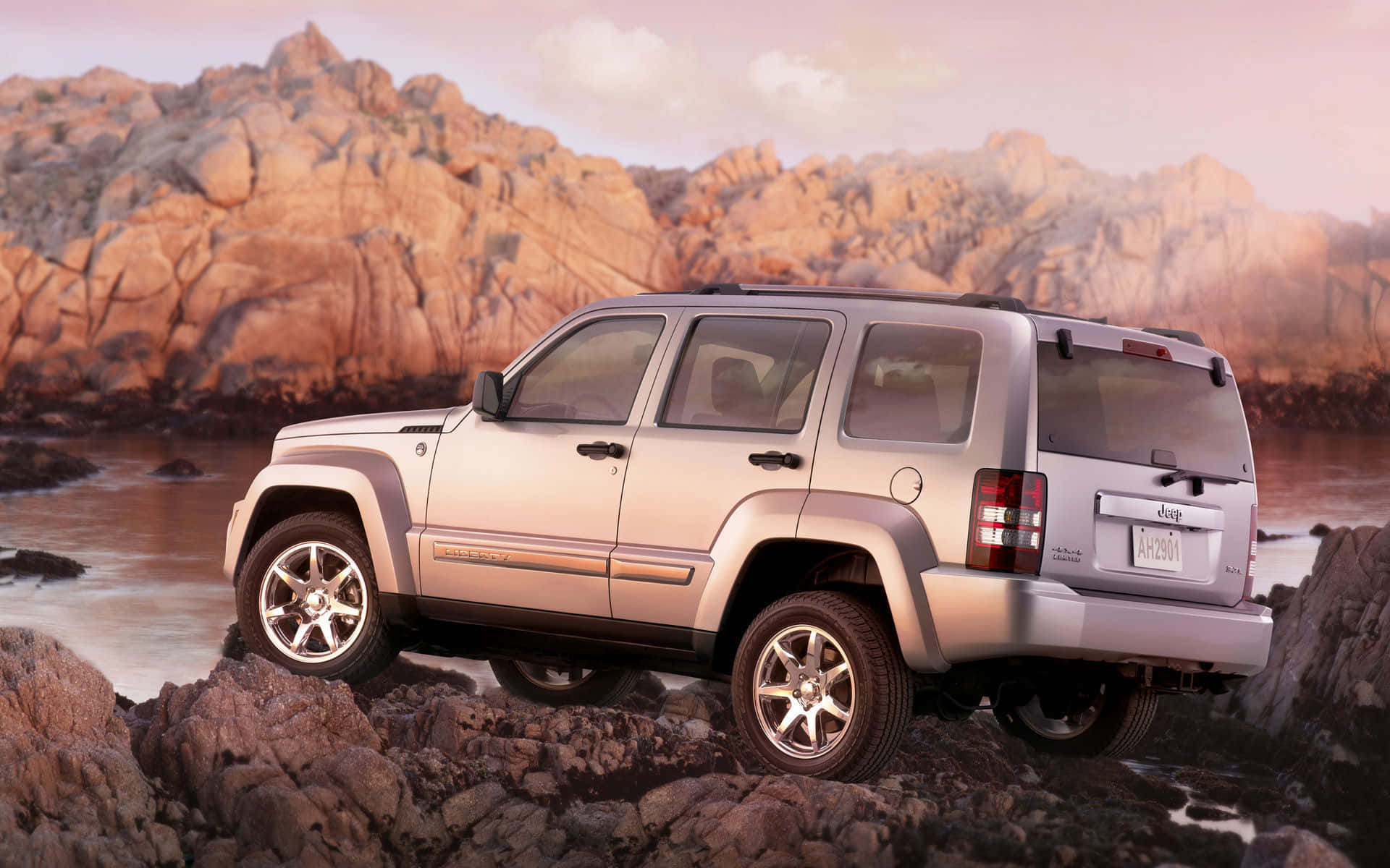 Jeep Liberty, silver, rugged coastal rocks, Full HD Desktop Wallpaper