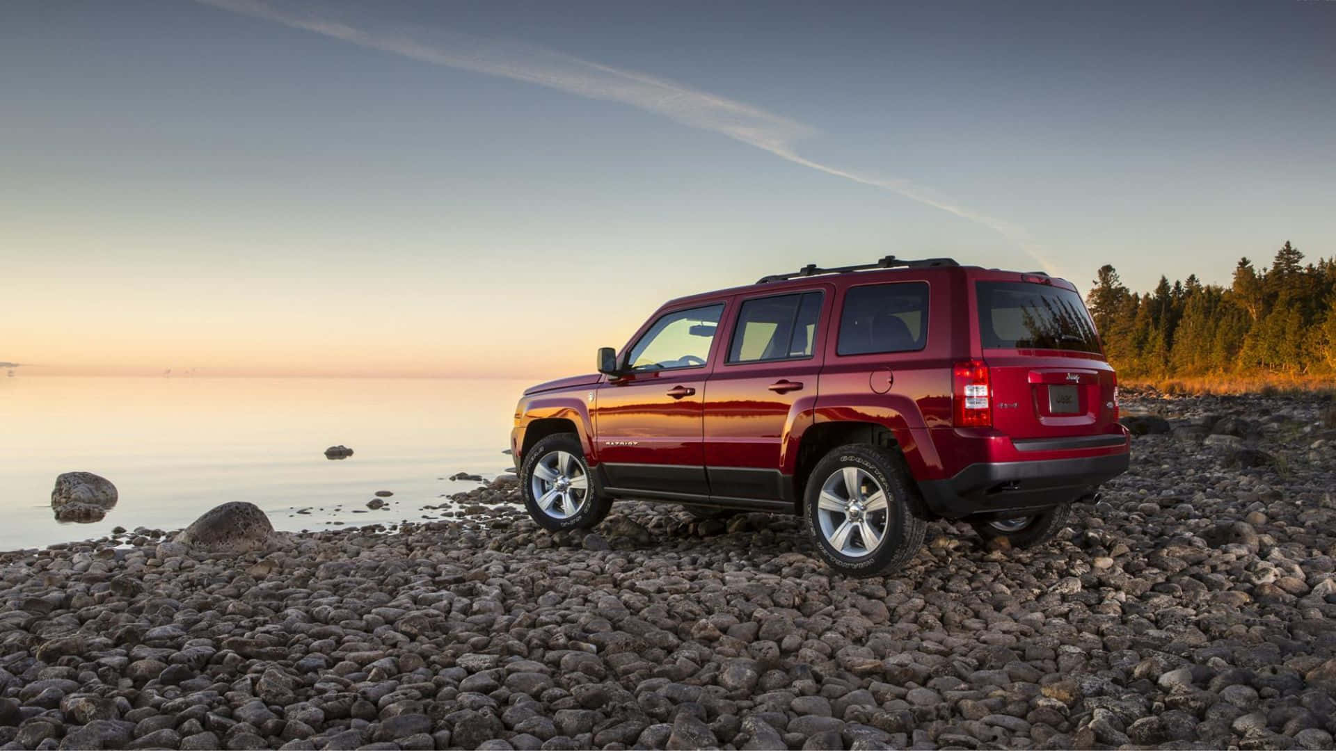 Jeep Patriot, glossy red, rocky lakeshore, Full HD Desktop Wallpaper