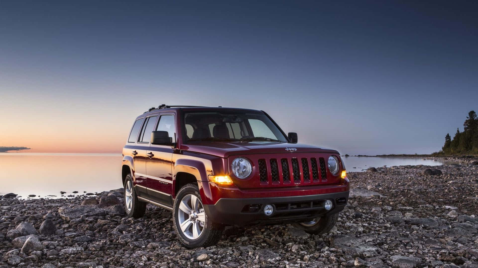 Jeep Patriot, red, rocky lakeshore, Full HD Desktop Wallpaper