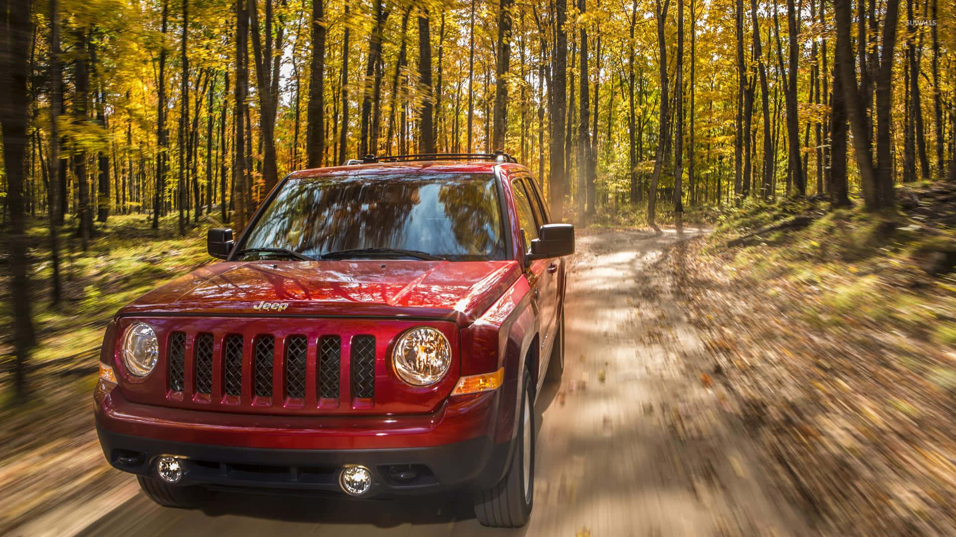 Jeep Patriot, red, sunlit autumn forest, Full HD Desktop Wallpaper