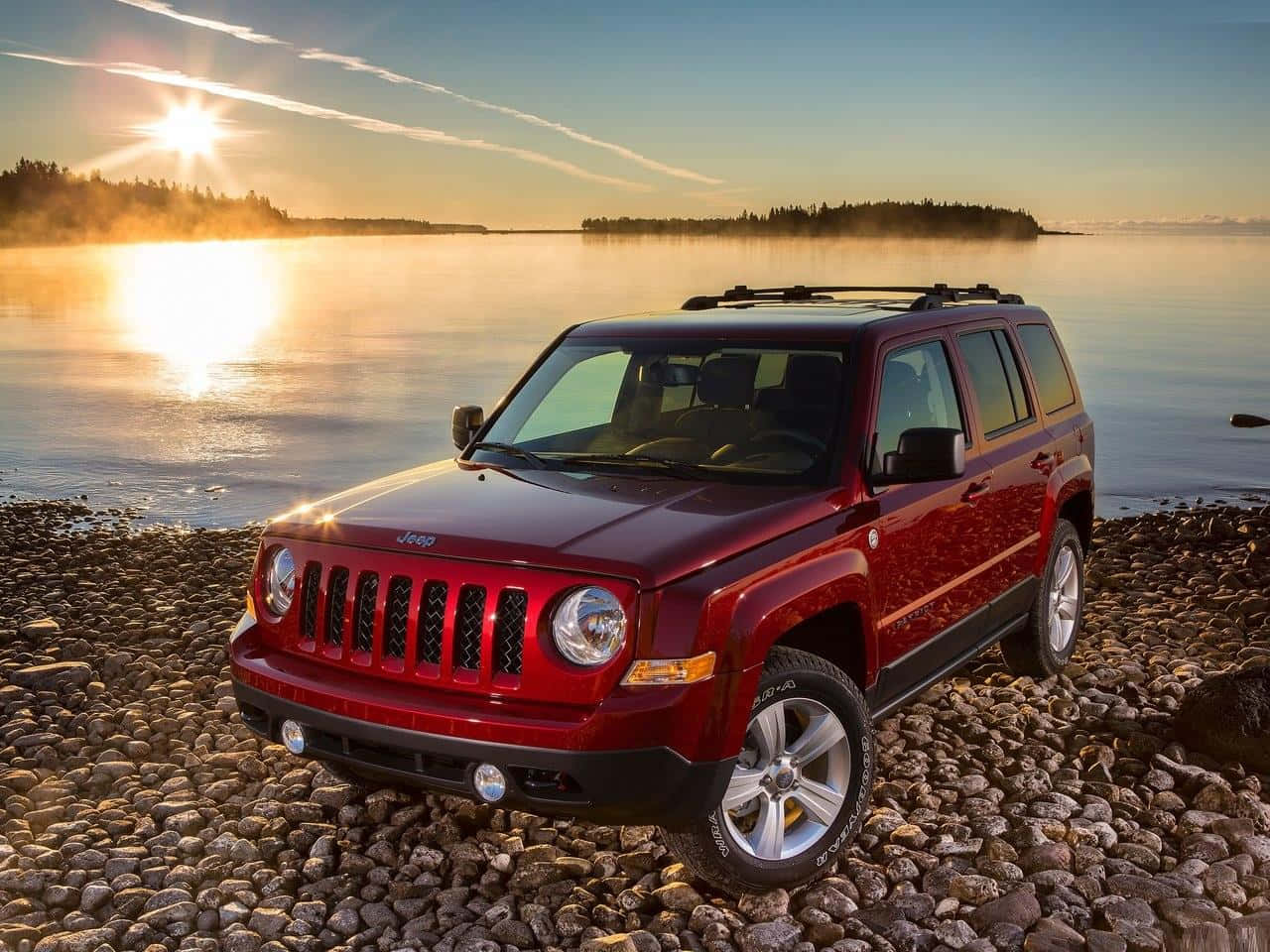 Jeep Patriot, glossy red, rocky lakeshore, HD Desktop Wallpaper