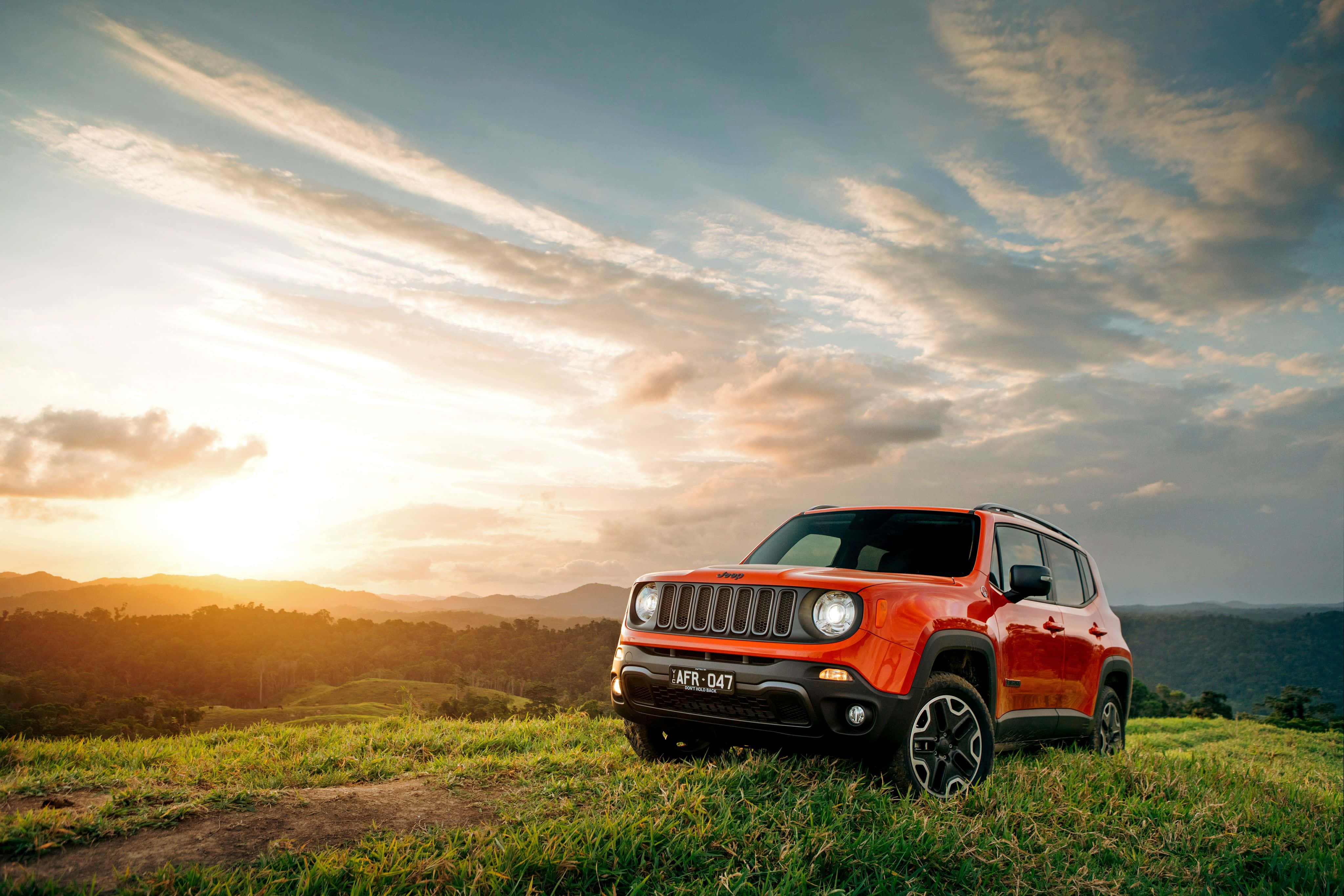 Jeep Renegade, vibrant red, sunset, 4K Desktop Wallpaper