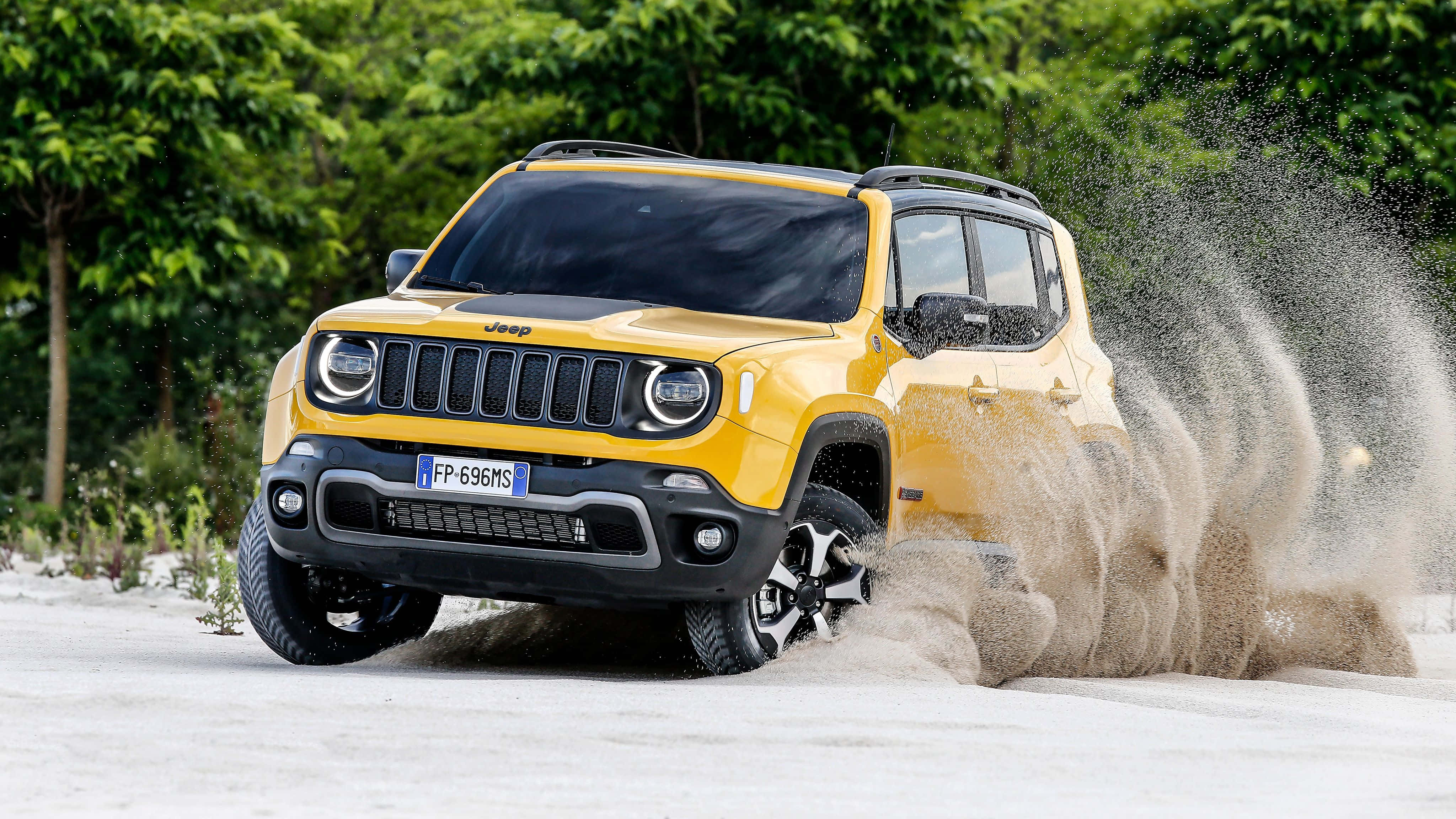 Jeep Renegade, vibrant yellow, sandy terrain, 4K Desktop Wallpaper