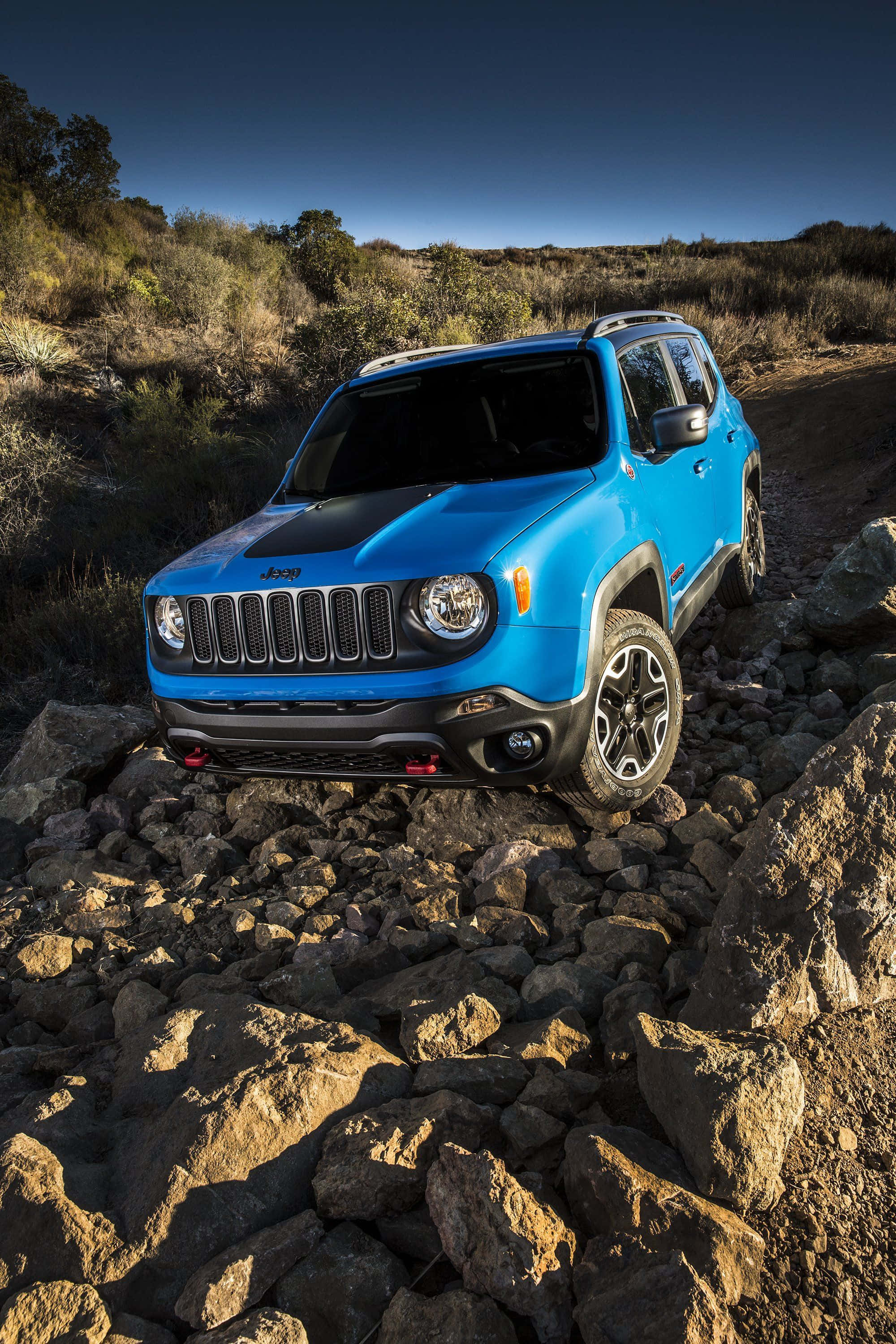 Jeep Renegade, vibrant blue, rugged rocky trail, 2K Phone Wallpaper